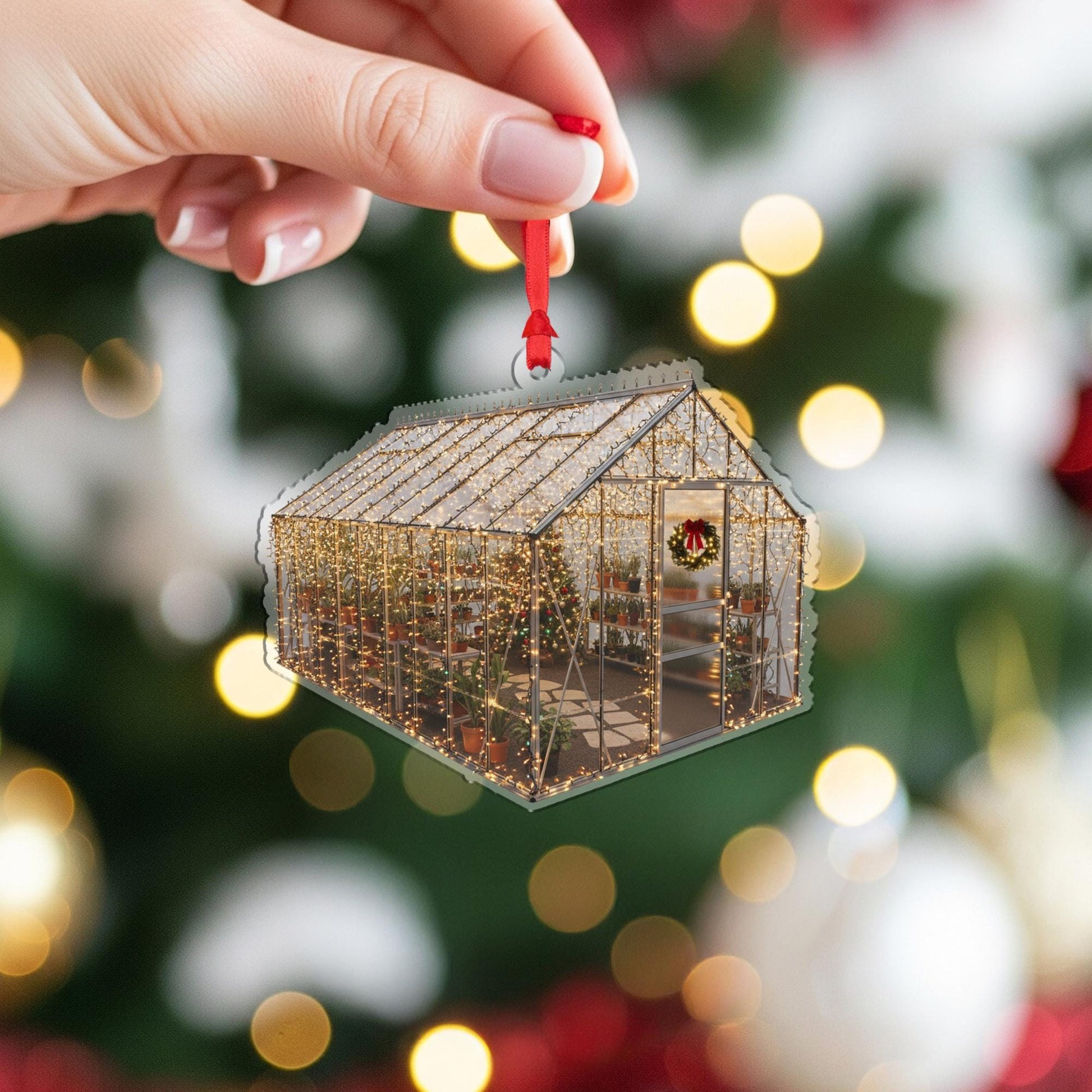 Greenhouse Christmas Ornament – Acrylic Hanging Decoration with Holiday Lights and Plants Design