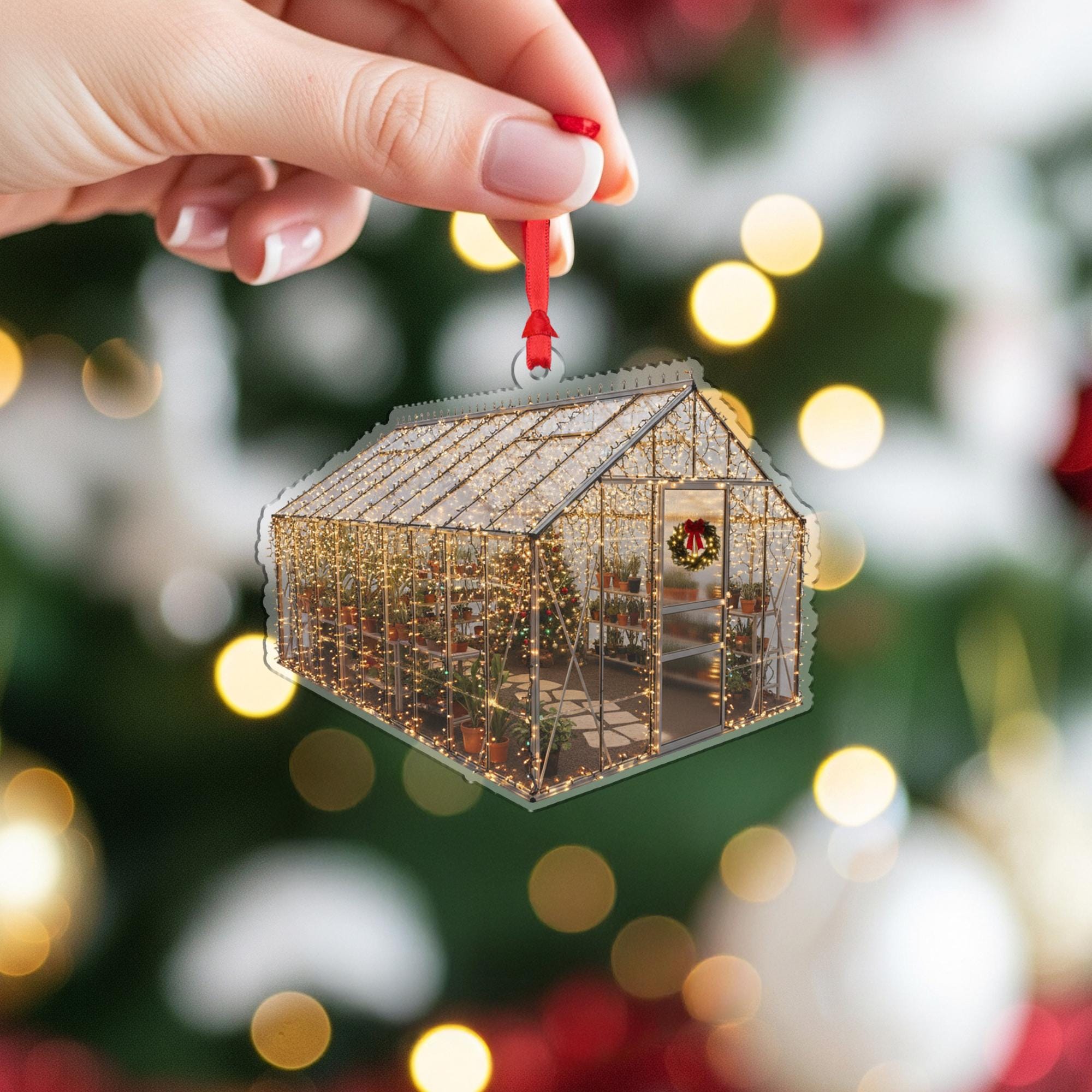 Greenhouse Christmas Ornament – Acrylic Hanging Decoration with Holiday Lights and Plants Design