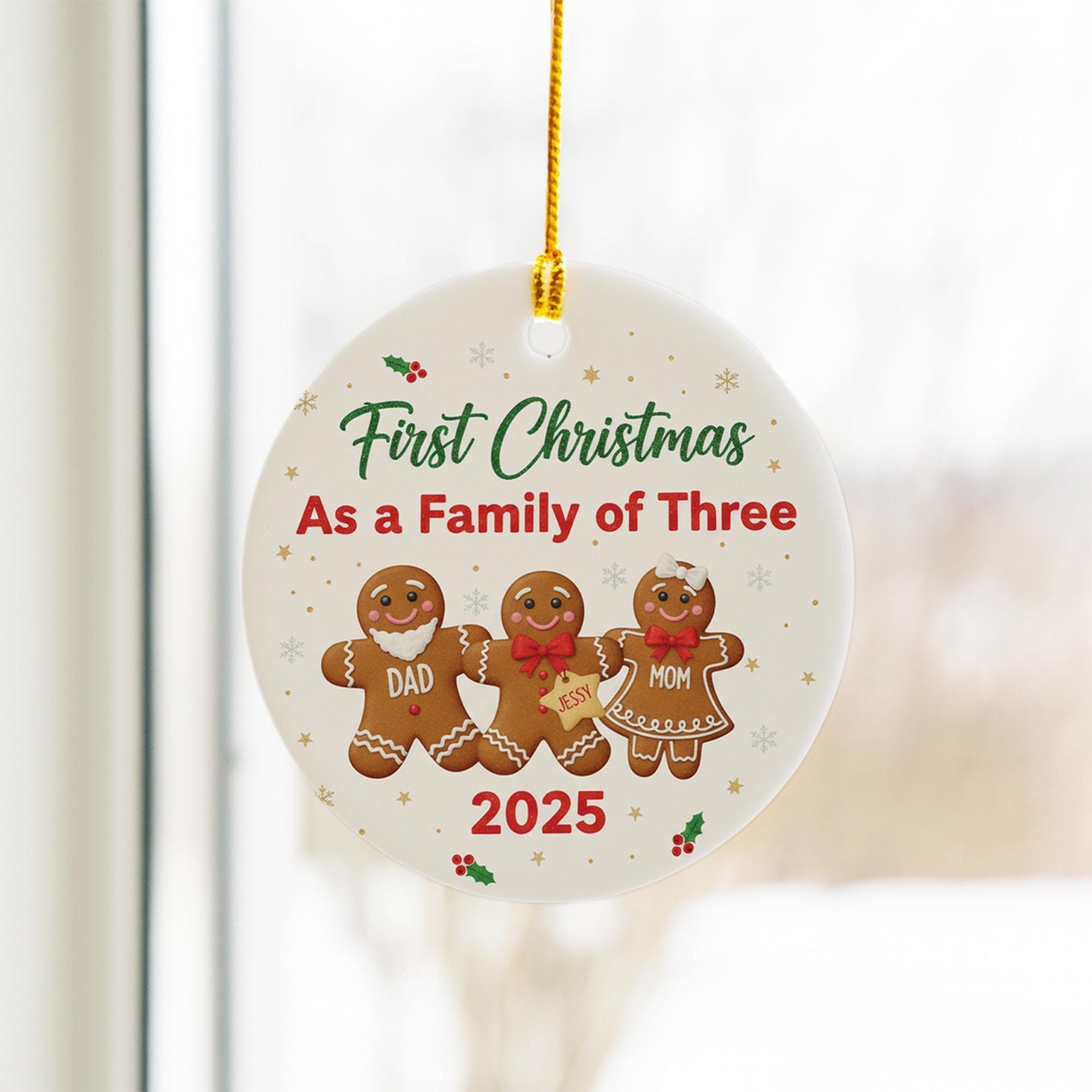 First Christmas Ornament: Family of Three Gingerbread Design, Personalized Holiday Decoration