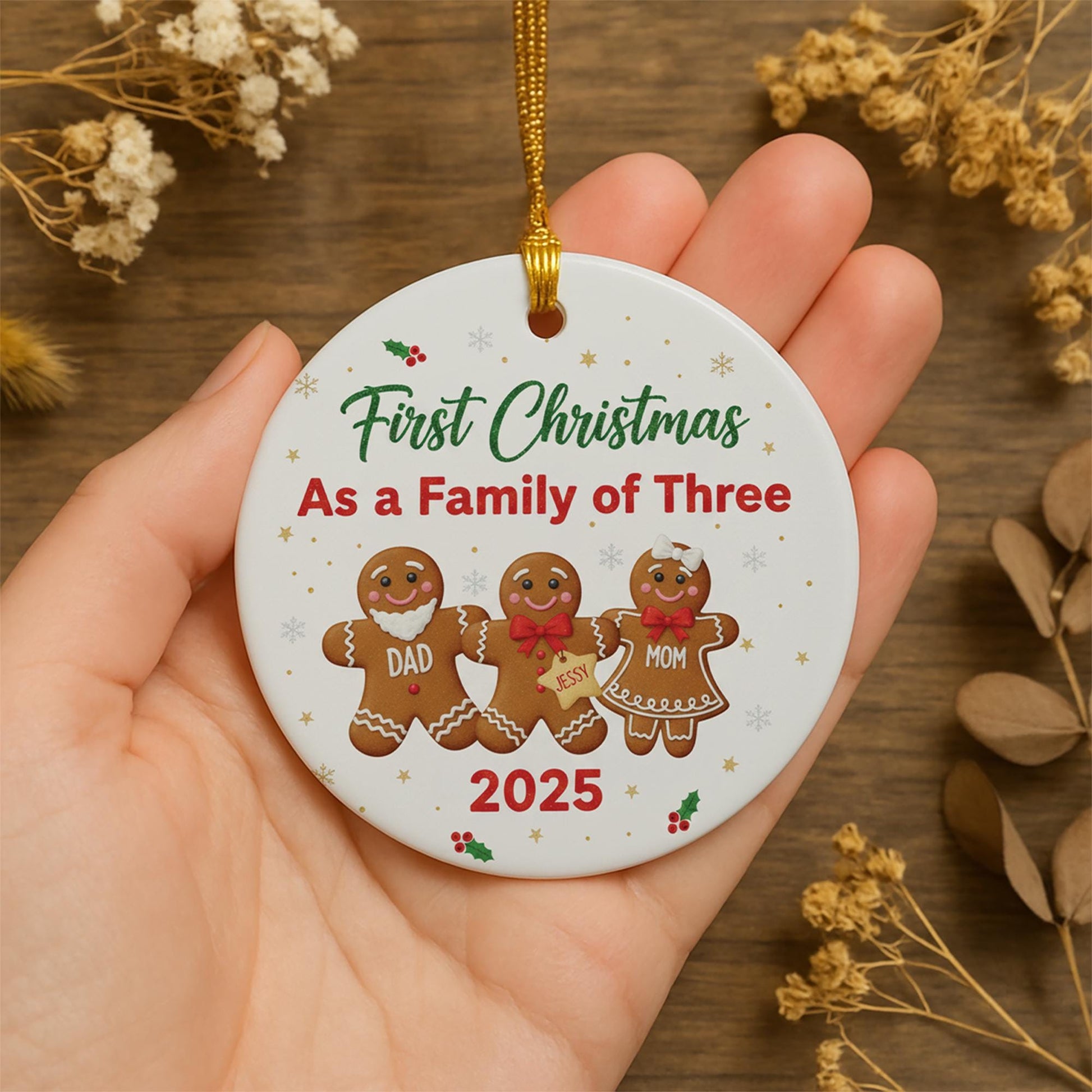 First Christmas Ornament: Family of Three Gingerbread Design, Personalized Holiday Decoration