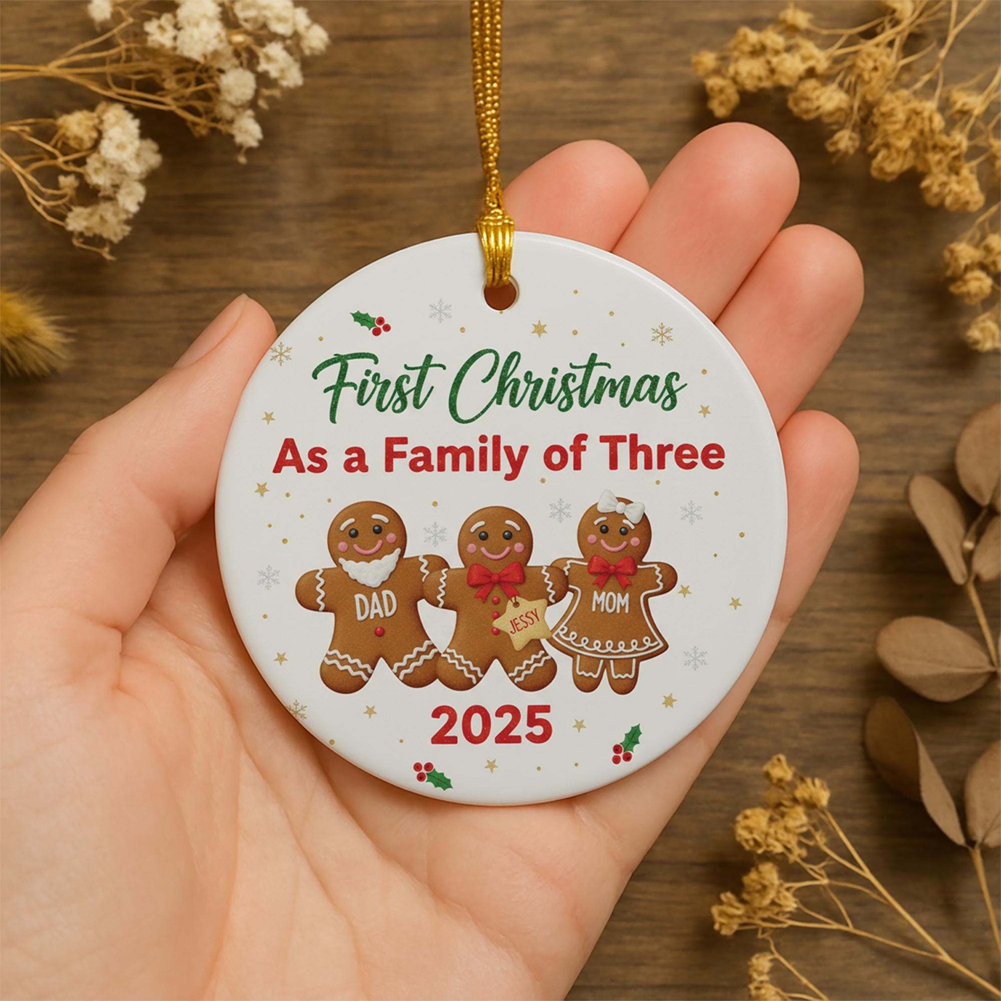 First Christmas Ornament: Family of Three Gingerbread Design, Personalized Holiday Decoration