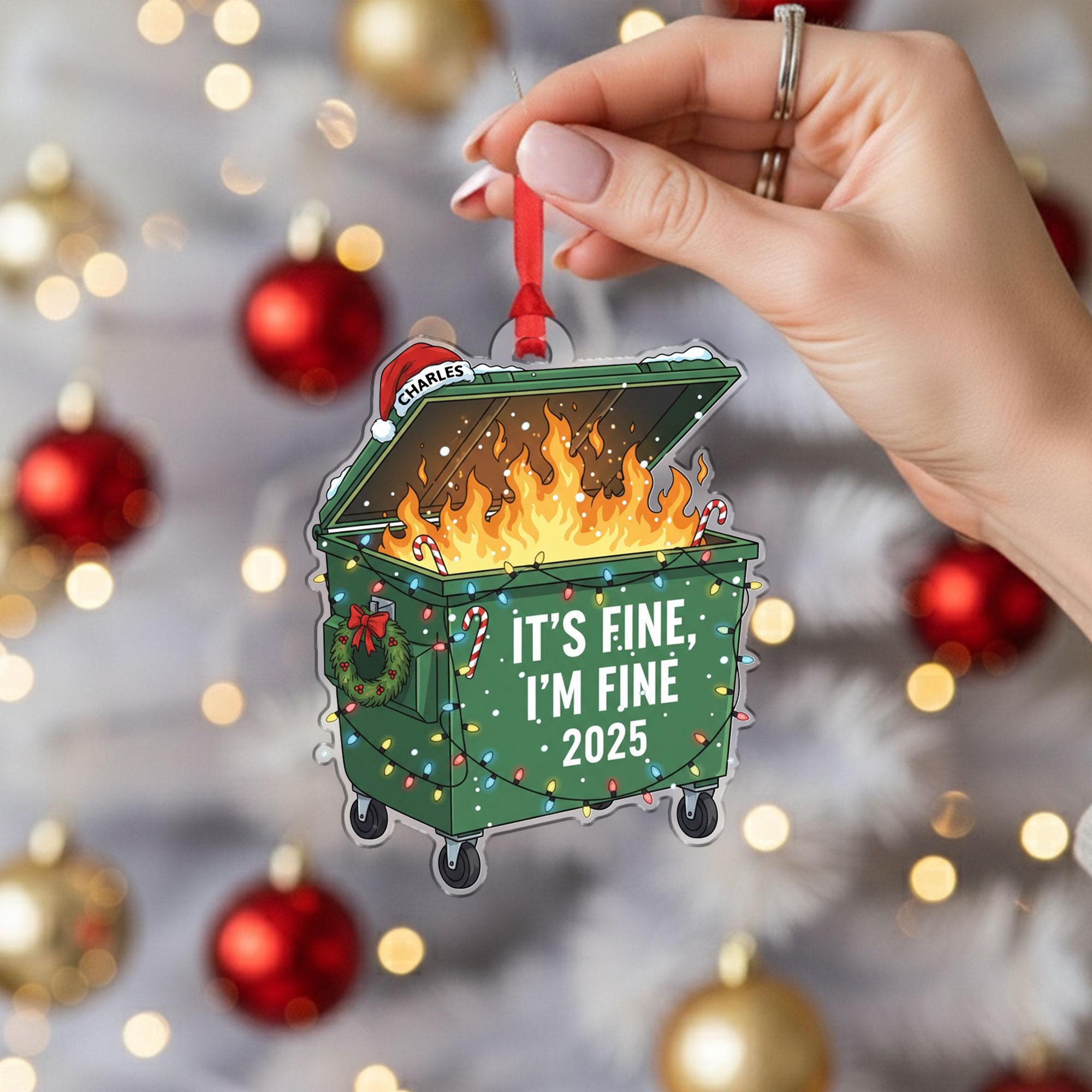 Funny Dumpster Fire Ornament 2025 – Personalized Christmas Tree Decoration