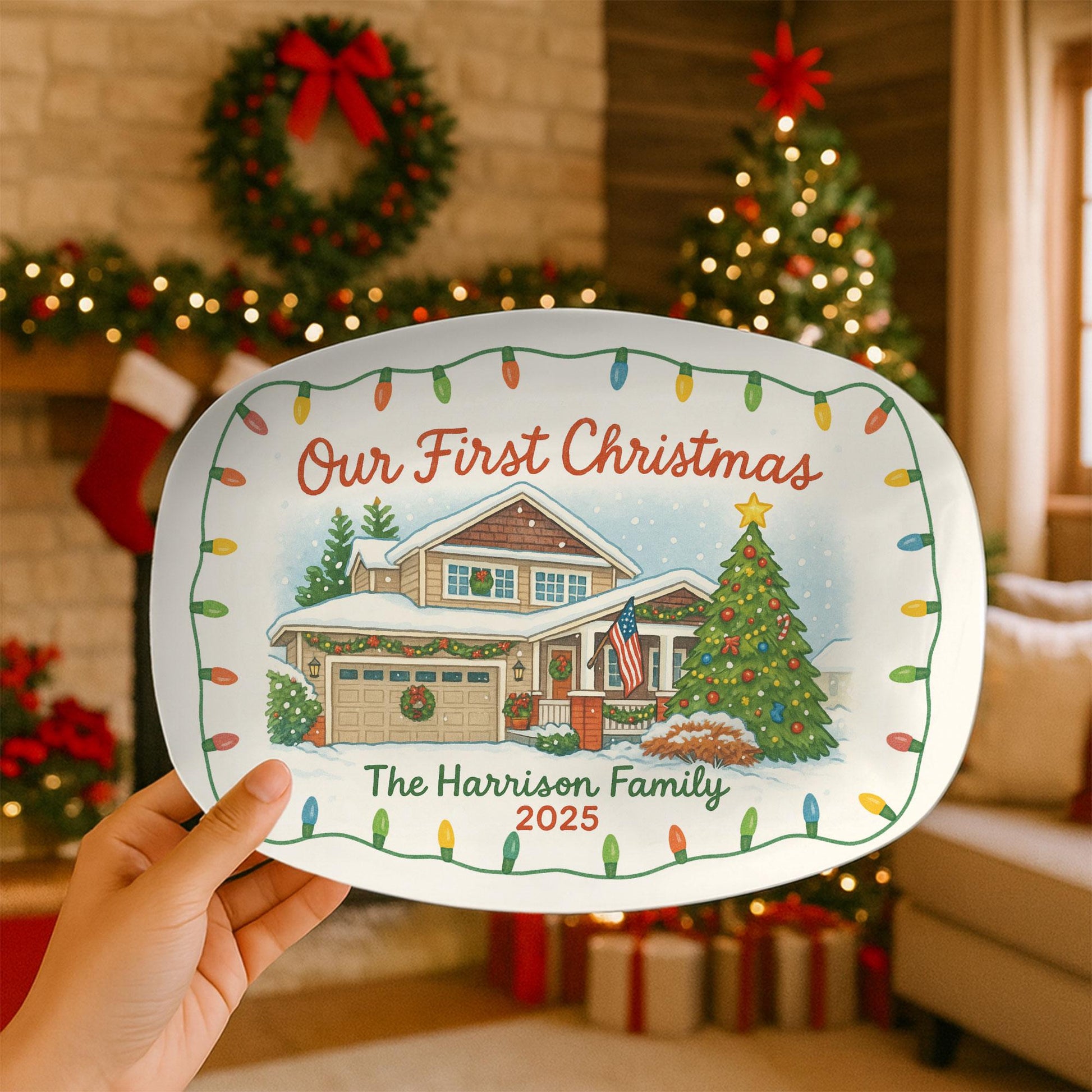 Our First Christmas Platter – Personalized House Image, Family Name & Year Holiday Serving Dish