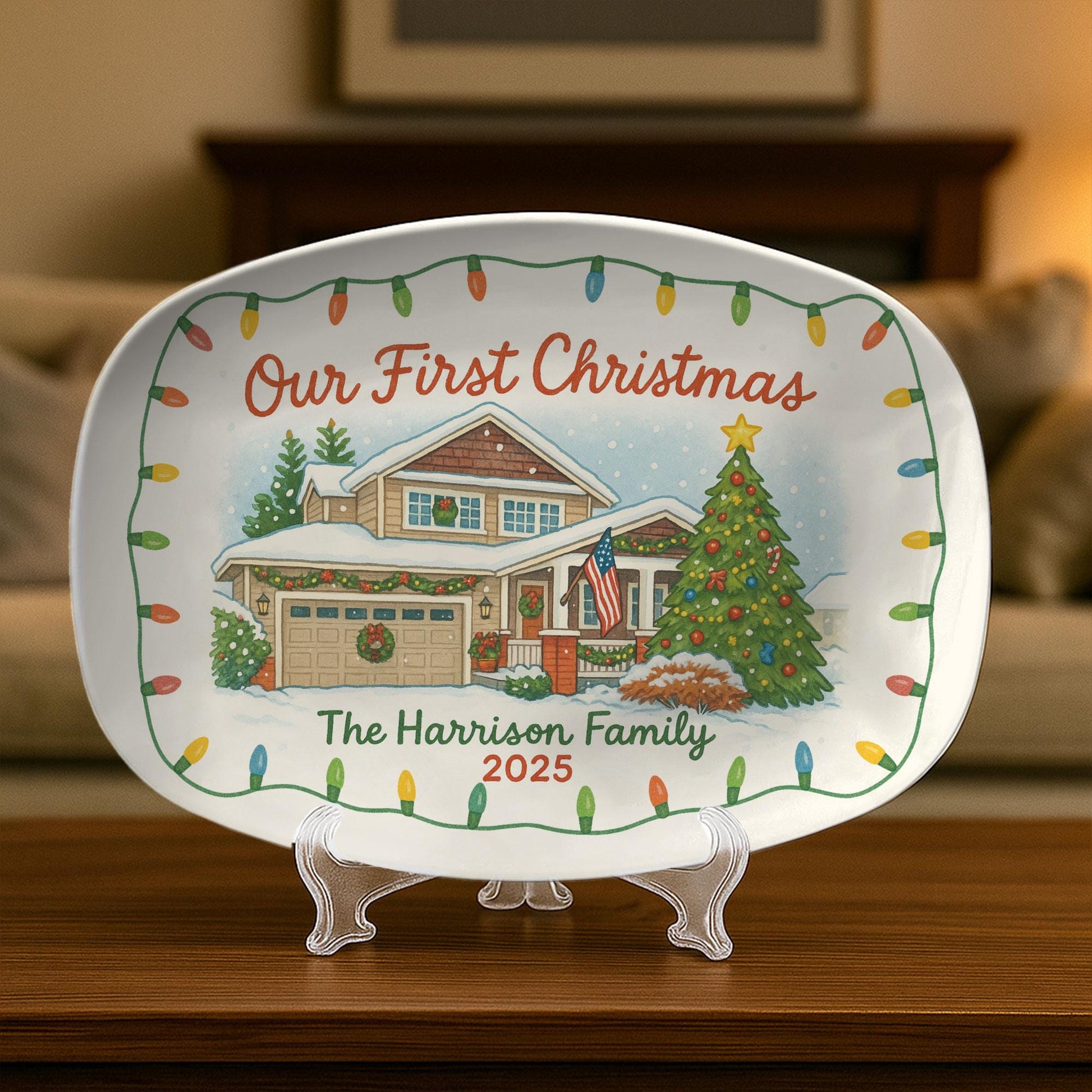 Our First Christmas Platter – Personalized House Image, Family Name & Year Holiday Serving Dish