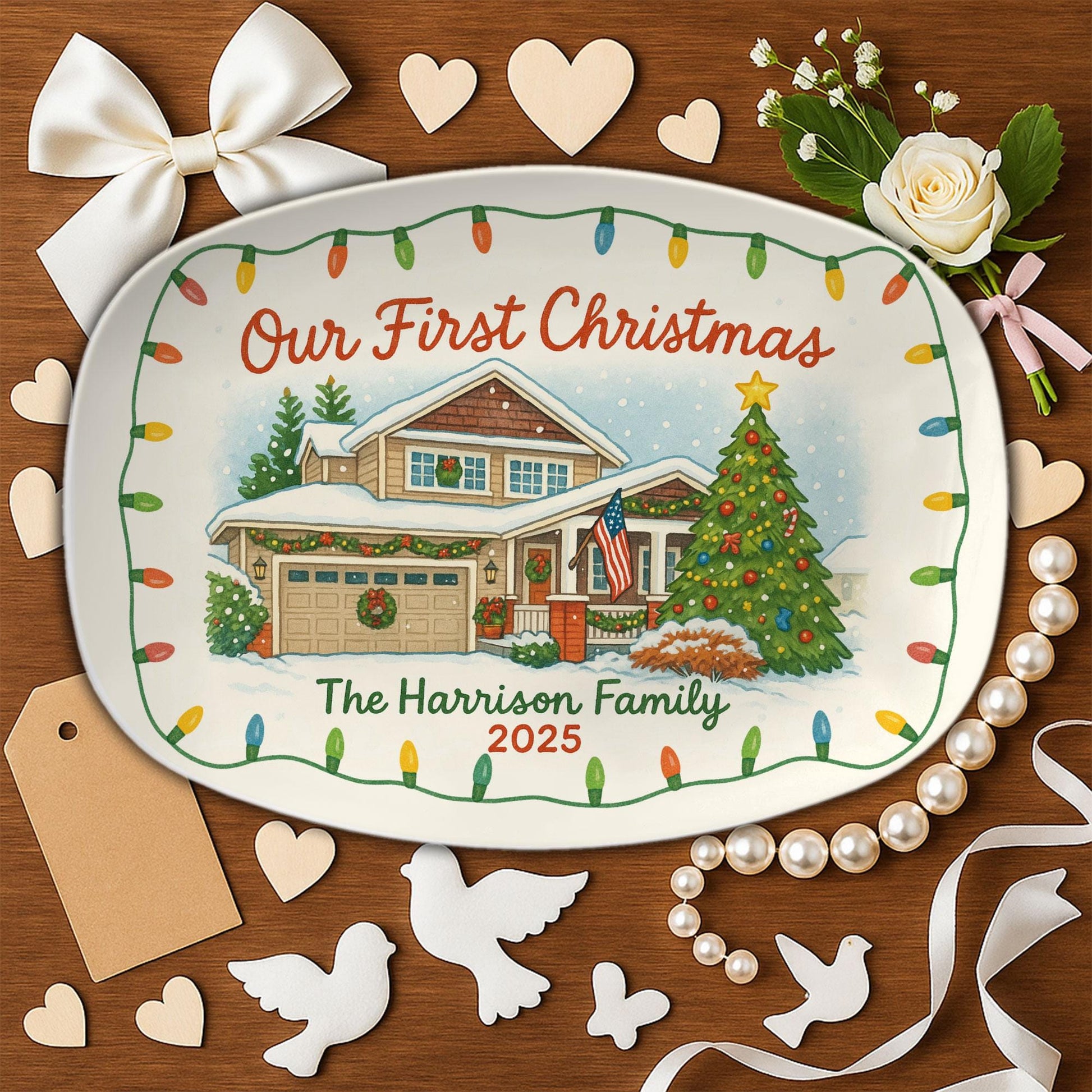 Our First Christmas Platter – Personalized House Image, Family Name & Year Holiday Serving Dish