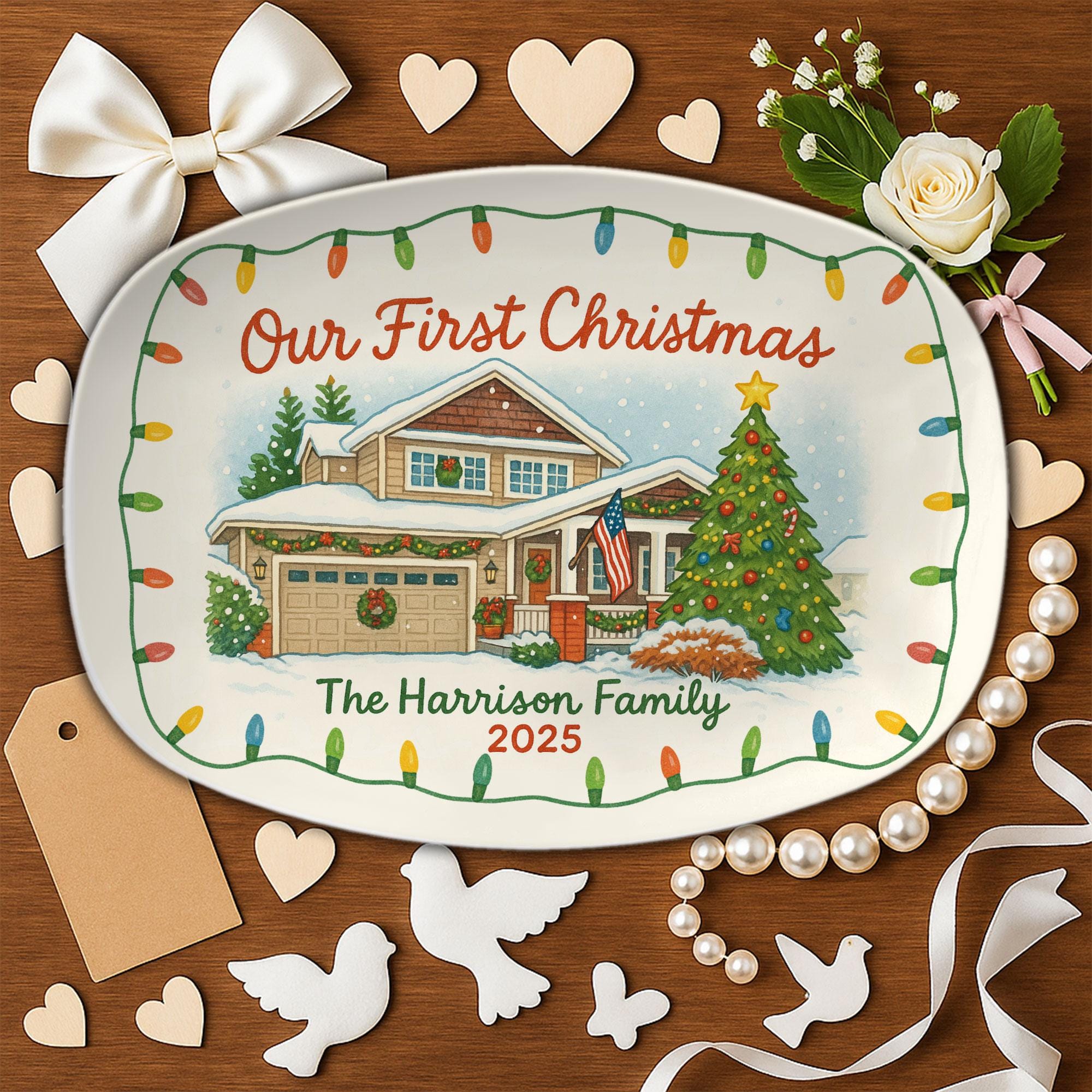 Our First Christmas Platter – Personalized House Image, Family Name & Year Holiday Serving Dish