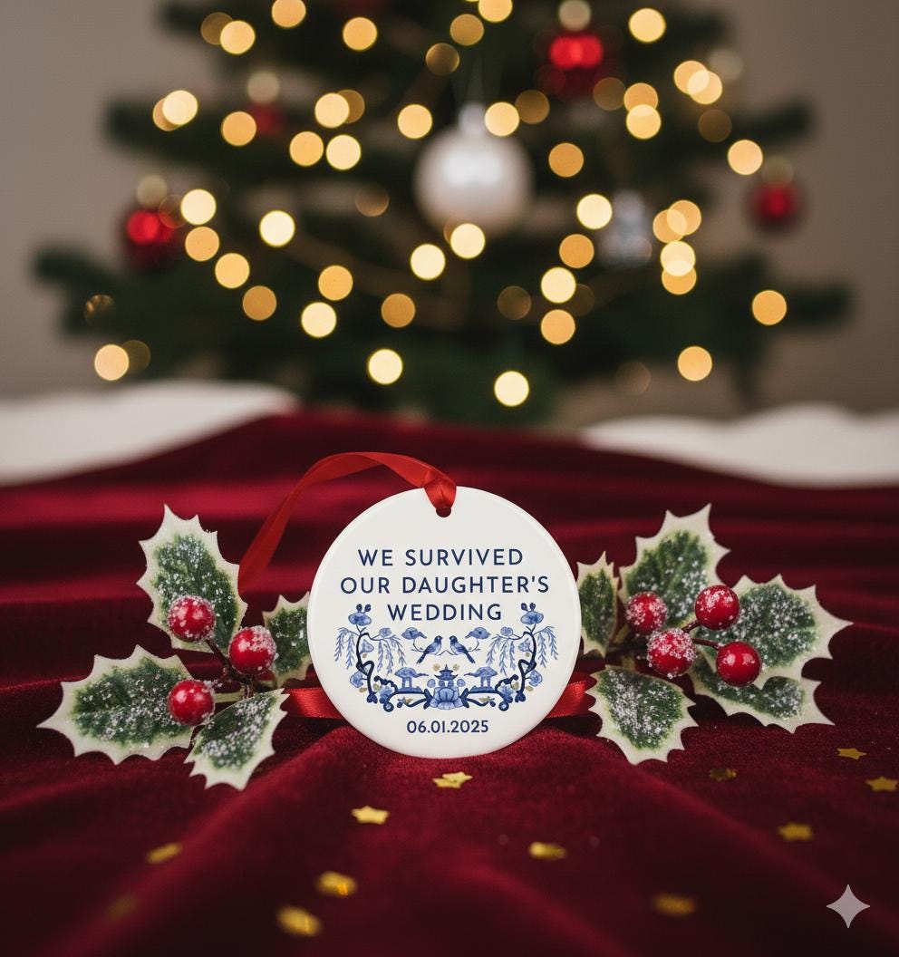 Funny Wedding Parent Ornament – We Survived Our Daughter’s Wedding 2025 Keepsake
