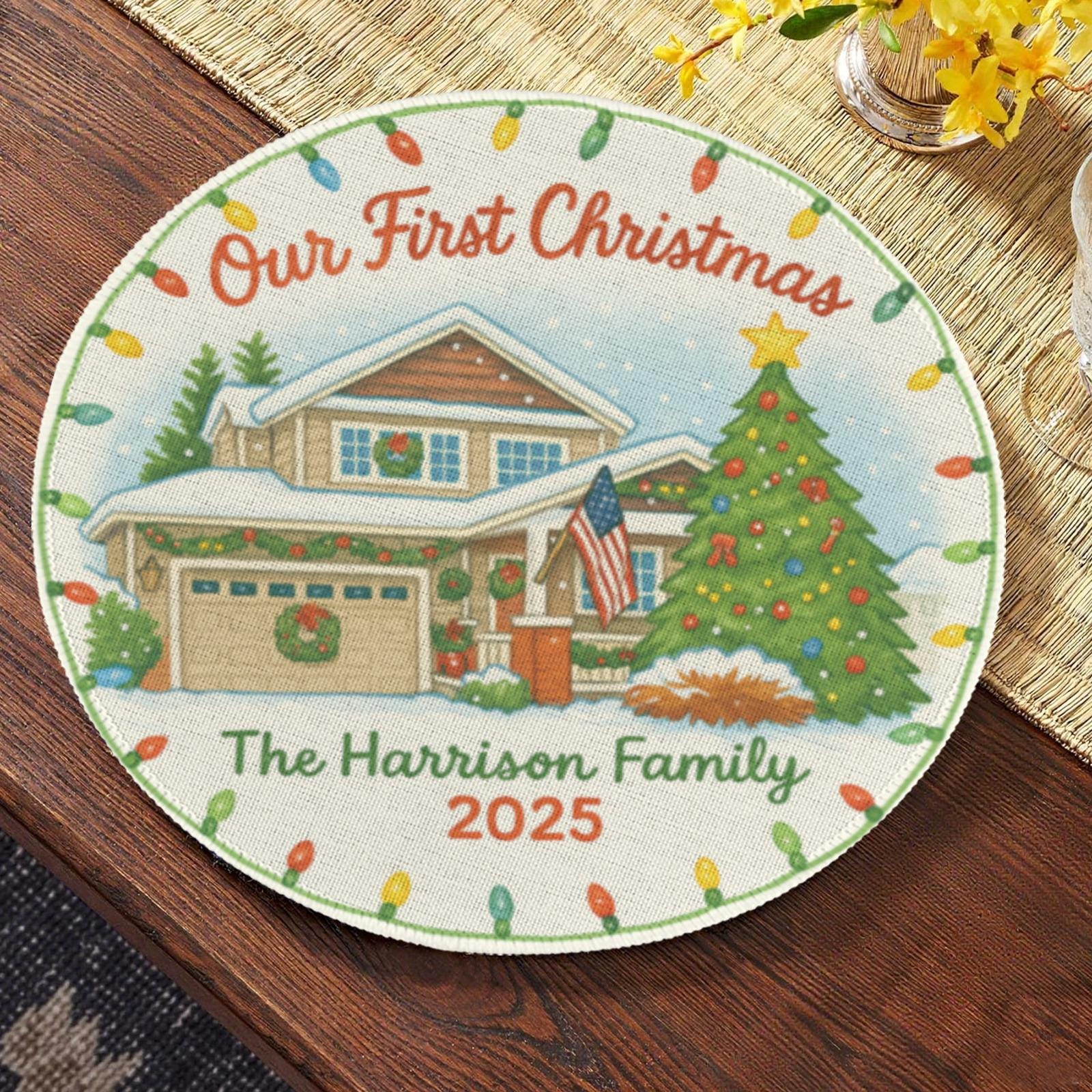 Our First Christmas Round Placemat – Personalized House Family Name & Year Holiday Table Decor