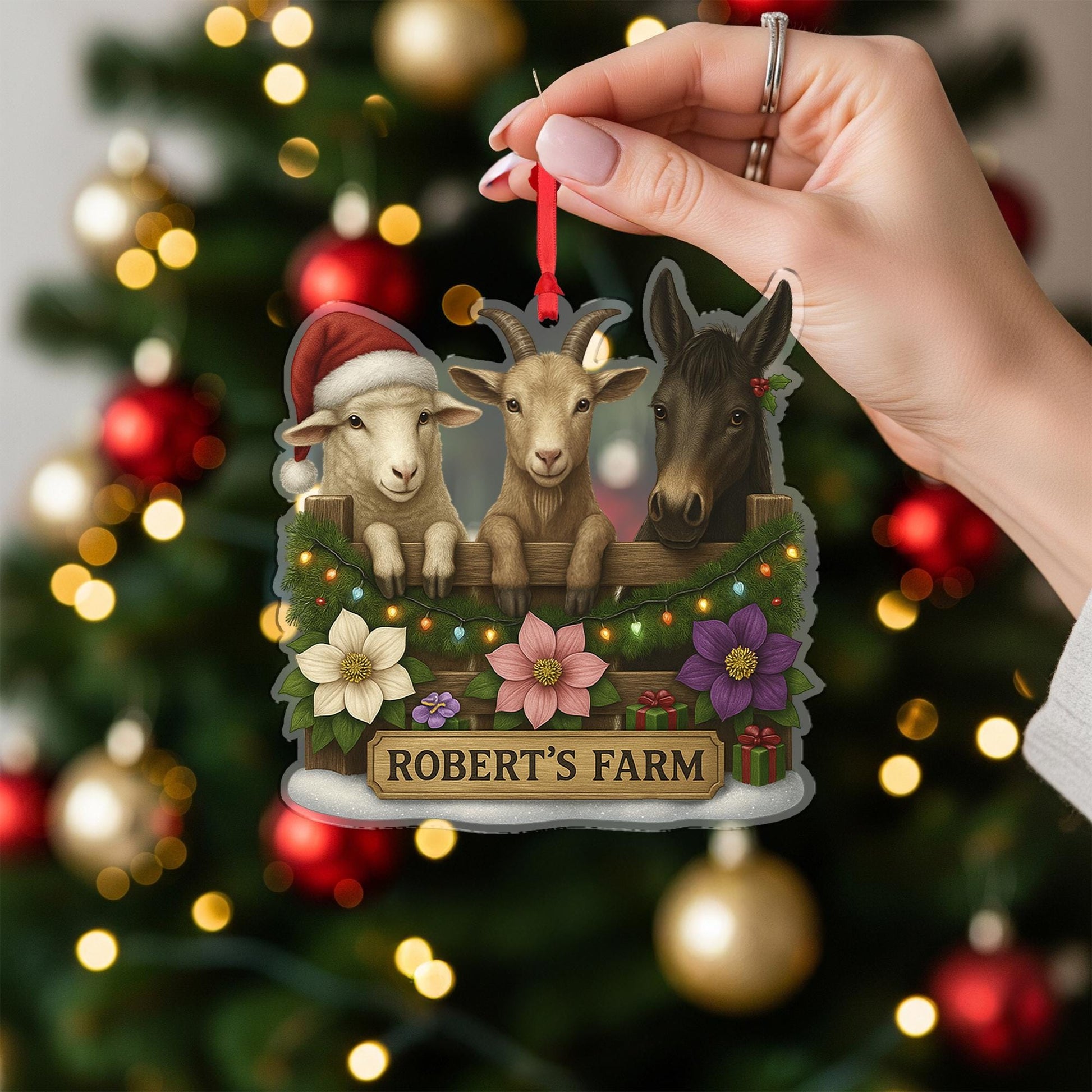Personalized Farm Animal Christmas Ornament – Acrylic Hanging Decoration with Goat Sheep Donkey Design
