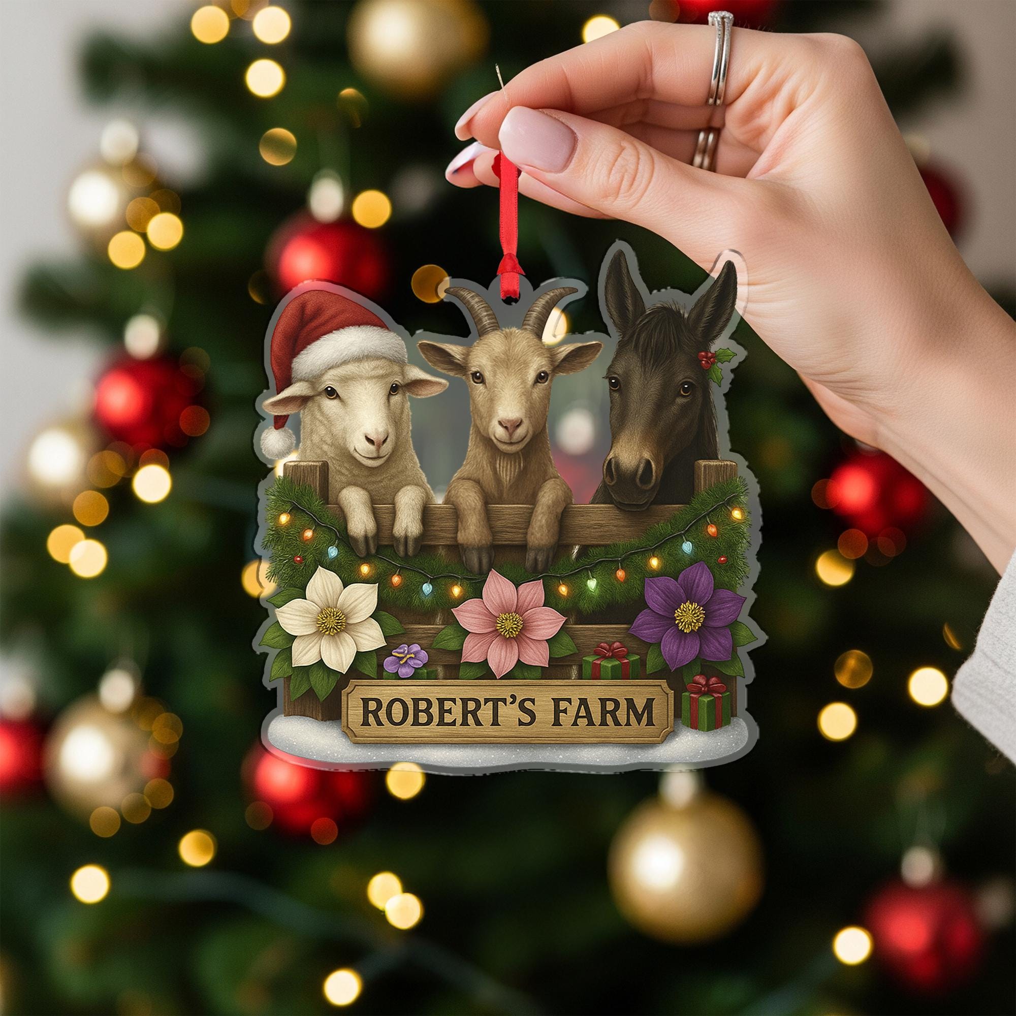 Personalized Farm Animal Christmas Ornament – Acrylic Hanging Decoration with Goat Sheep Donkey Design