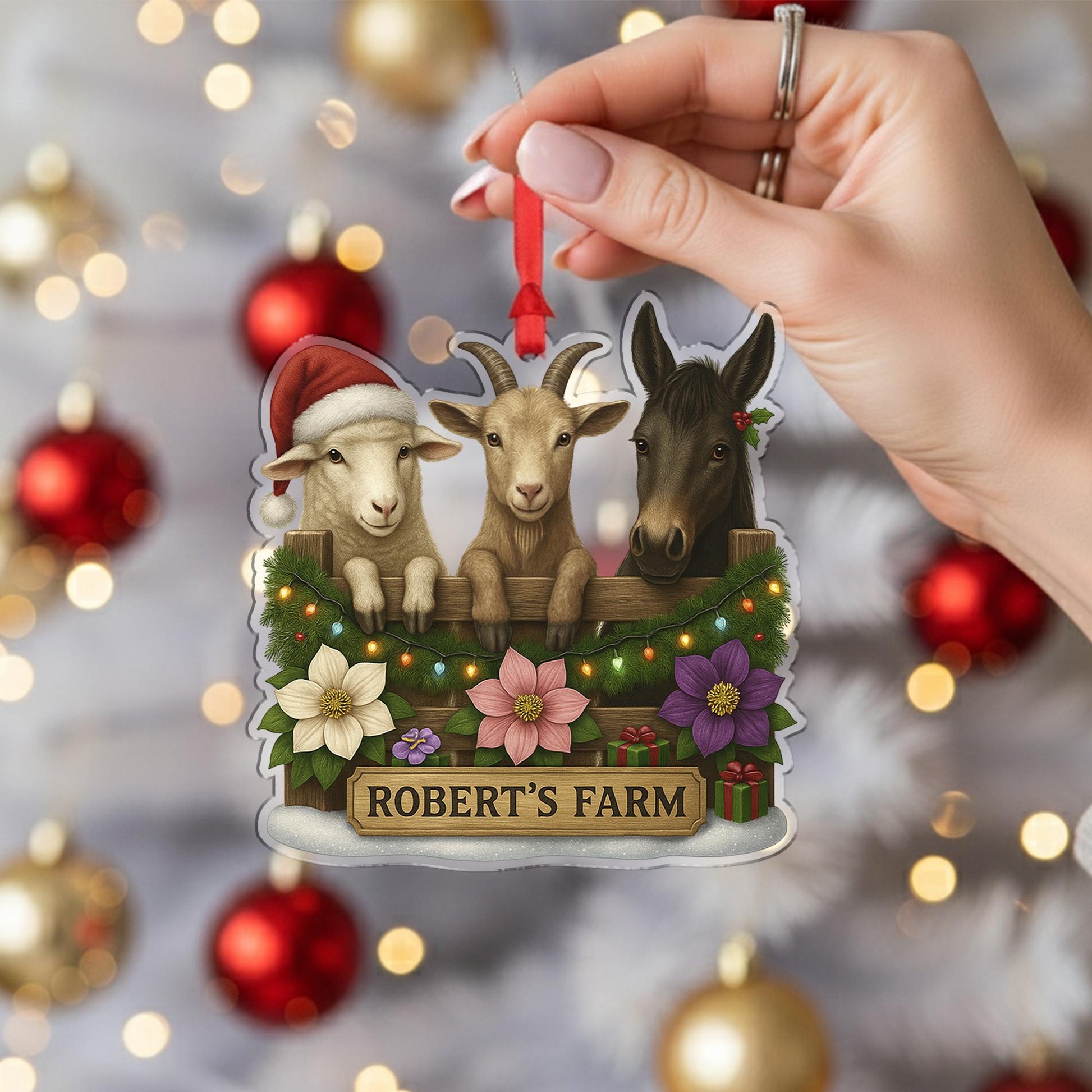 Personalized Farm Animal Christmas Ornament – Acrylic Hanging Decoration with Goat Sheep Donkey Design