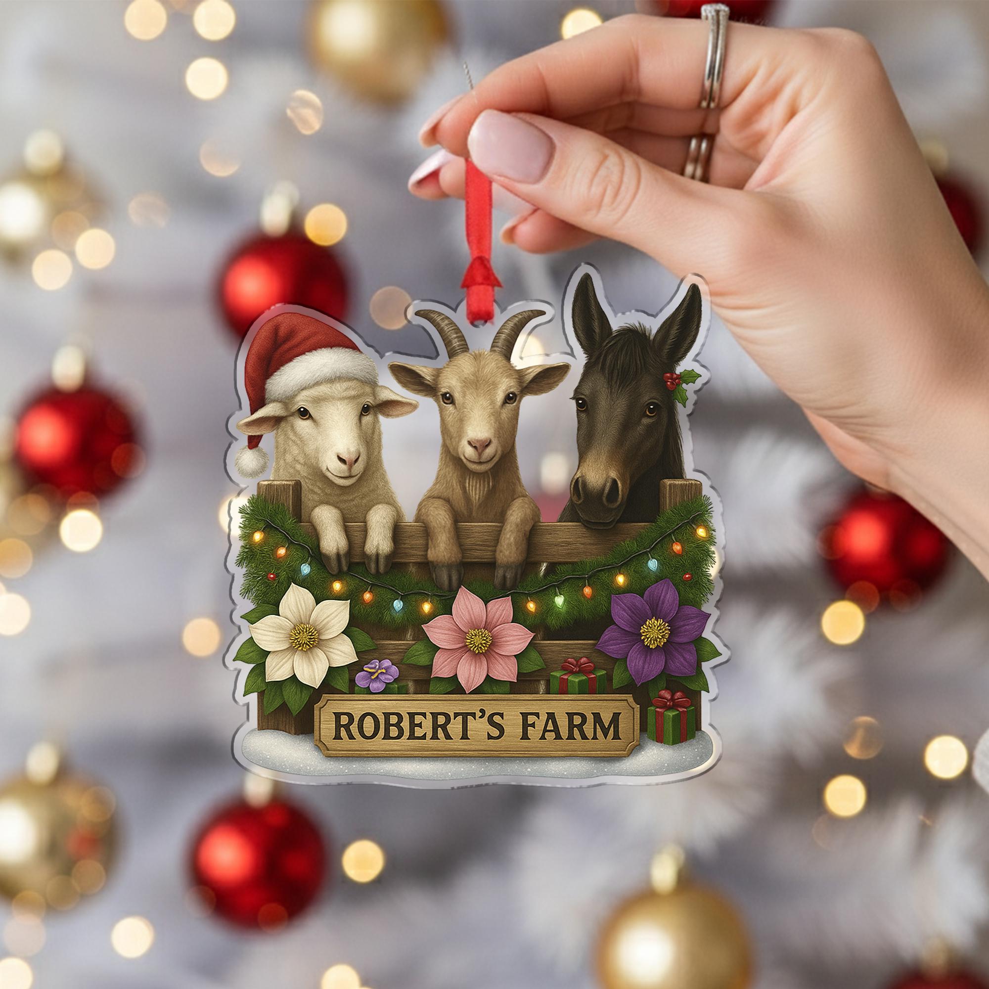 Personalized Farm Animal Christmas Ornament – Acrylic Hanging Decoration with Goat Sheep Donkey Design