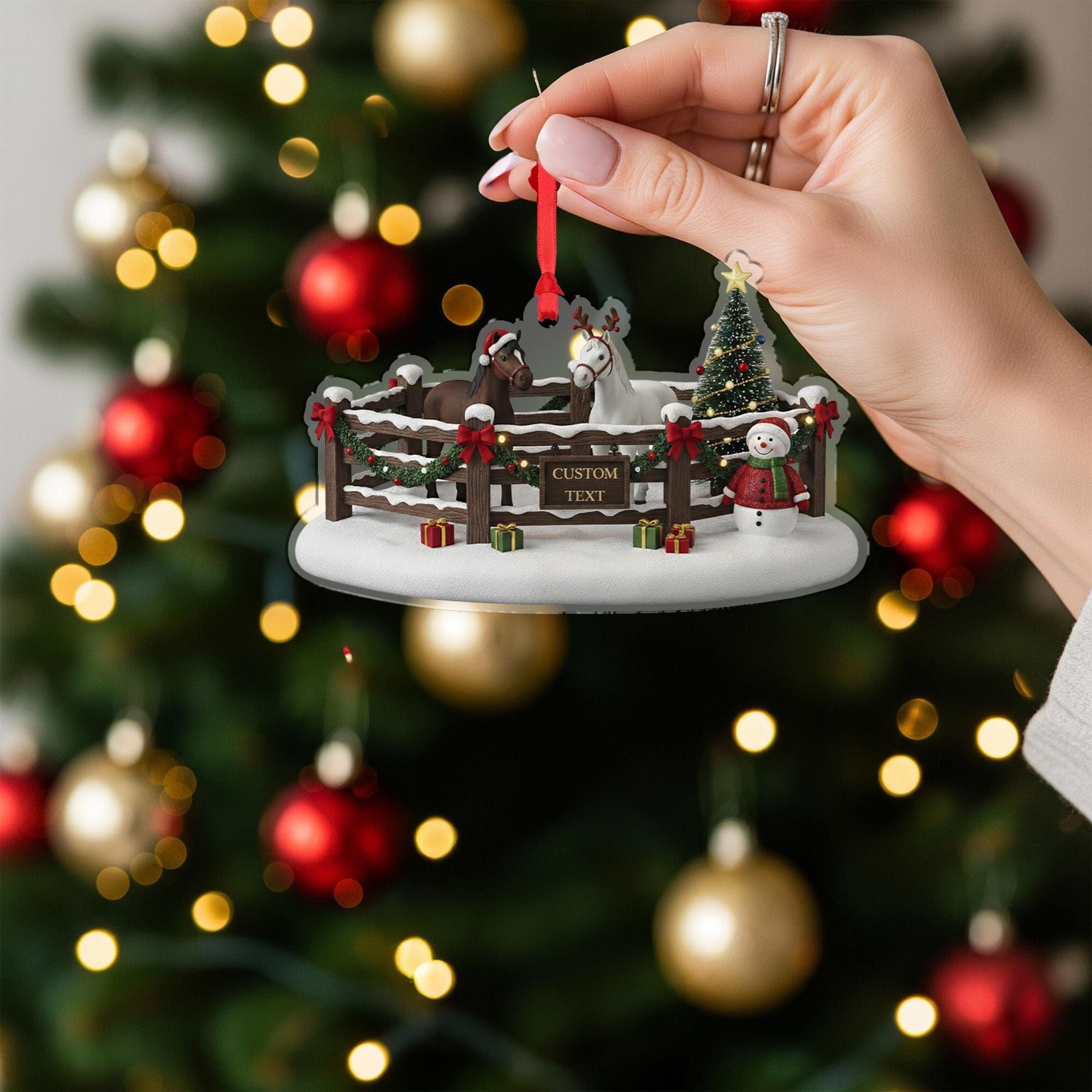 Personalized Horse Farm Christmas Ornament – Acrylic Hanging Decoration with Fence Snowman Tree Design