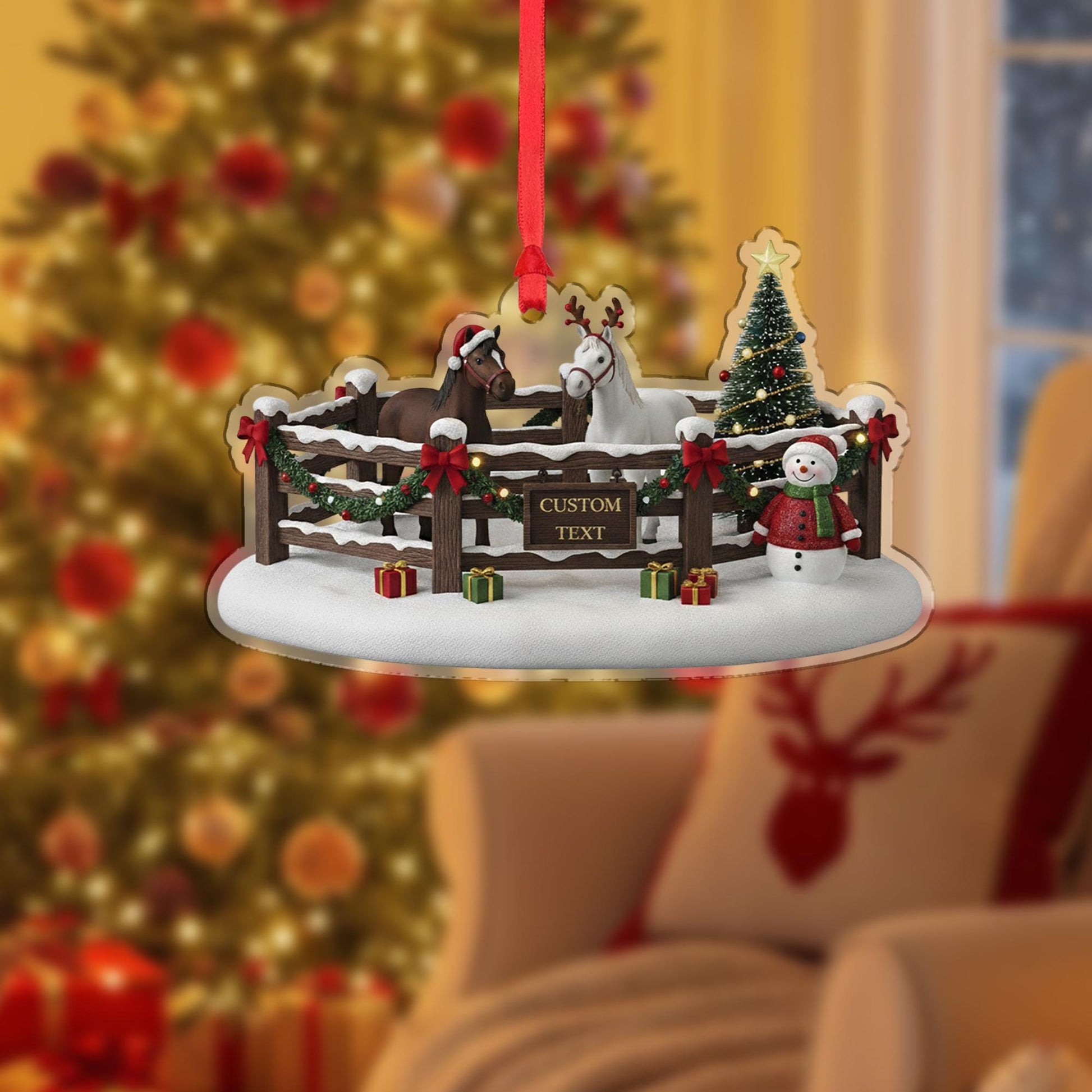 Personalized Horse Farm Christmas Ornament – Acrylic Hanging Decoration with Fence Snowman Tree Design
