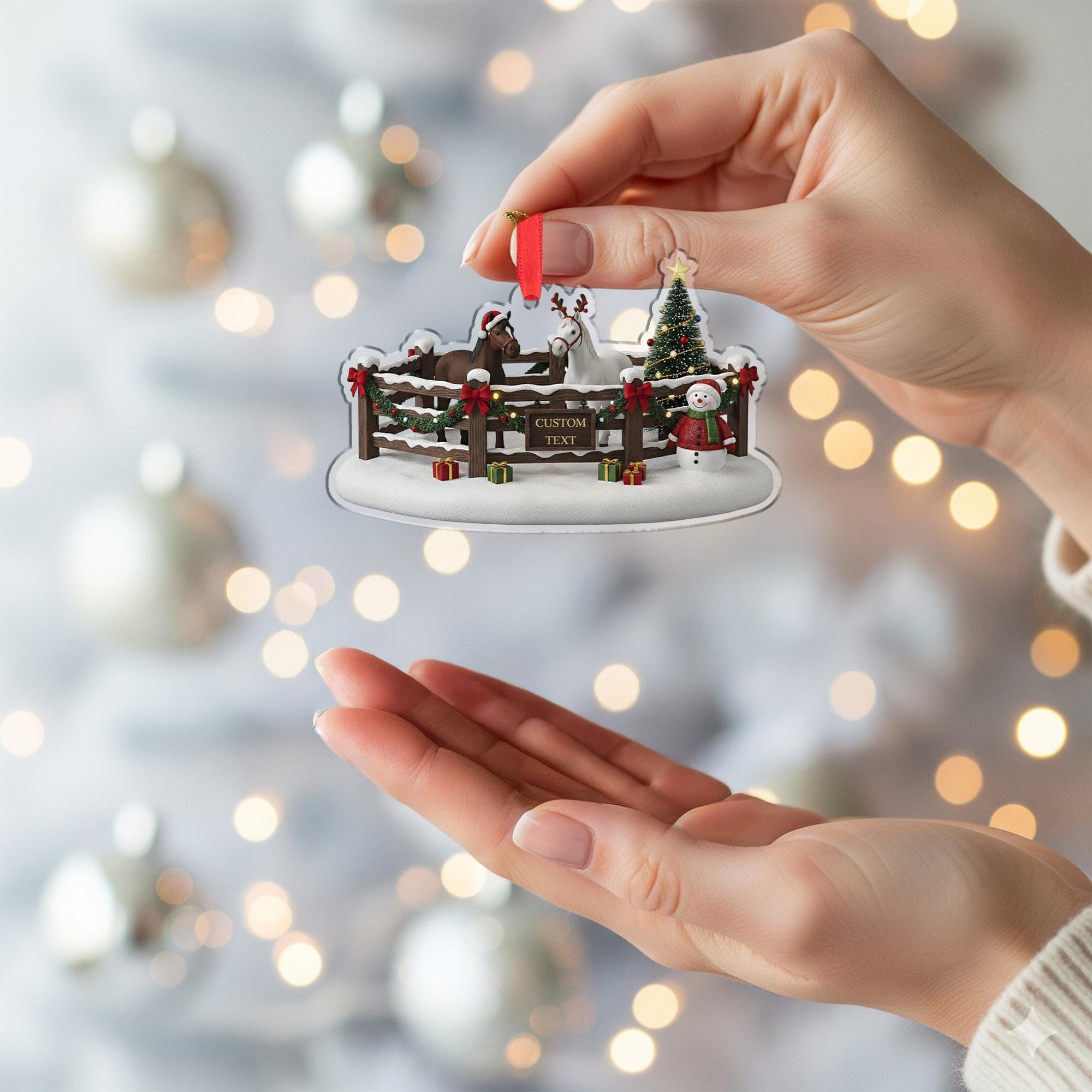 Personalized Horse Farm Christmas Ornament – Acrylic Hanging Decoration with Fence Snowman Tree Design