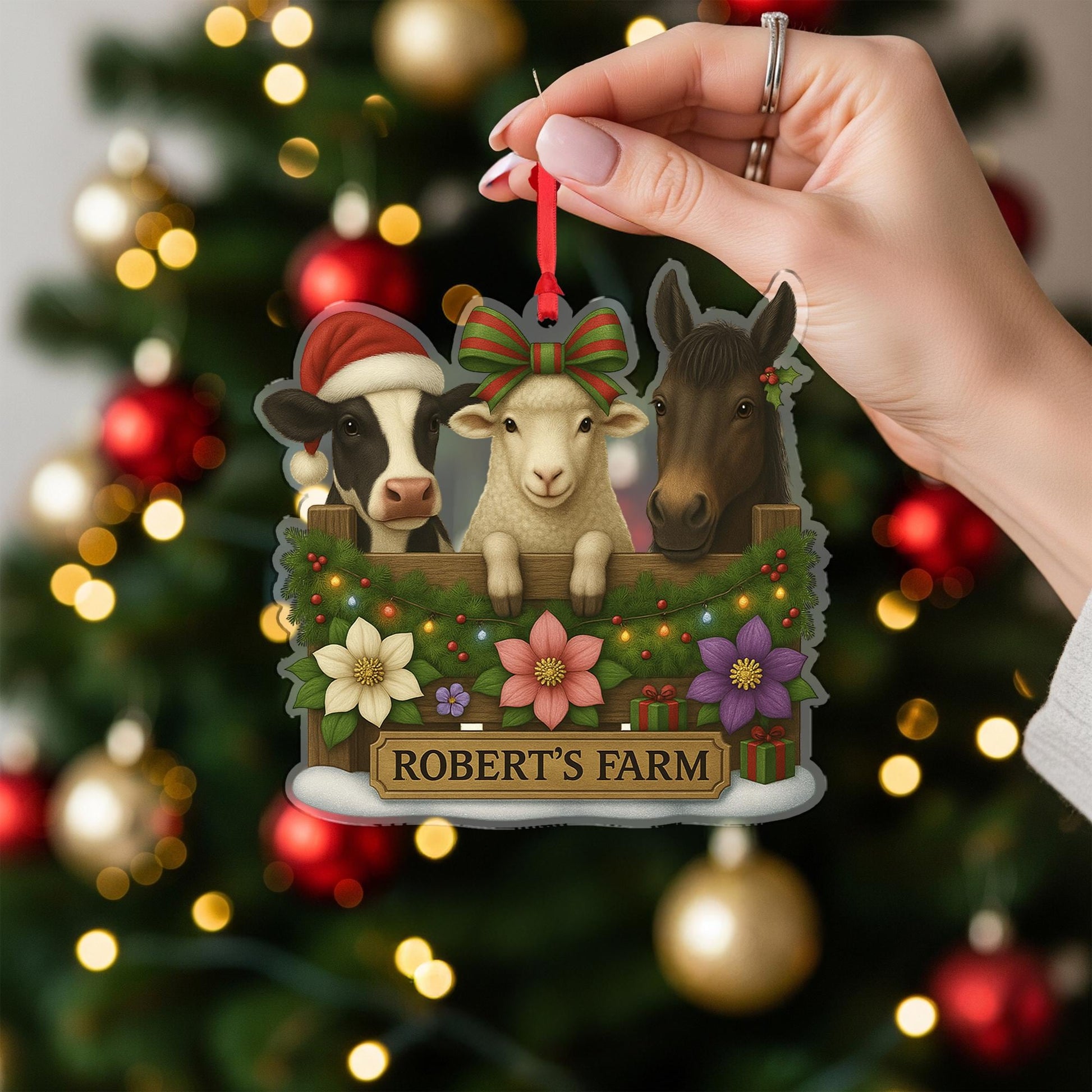 Personalized Farm Animal Christmas Ornament – Acrylic Hanging Decoration with Cow Sheep Horse Design
