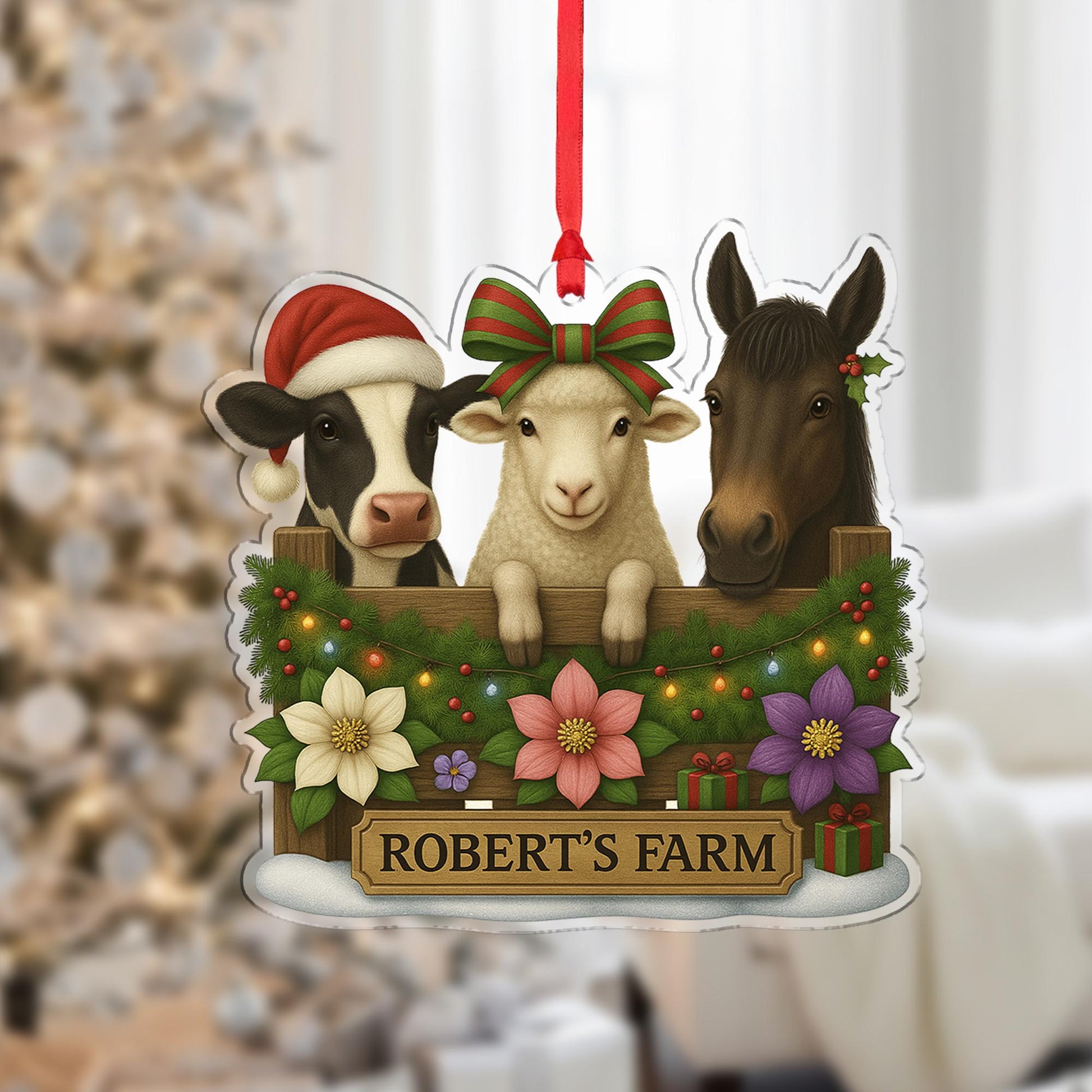 Personalized Farm Animal Christmas Ornament – Acrylic Hanging Decoration with Cow Sheep Horse Design