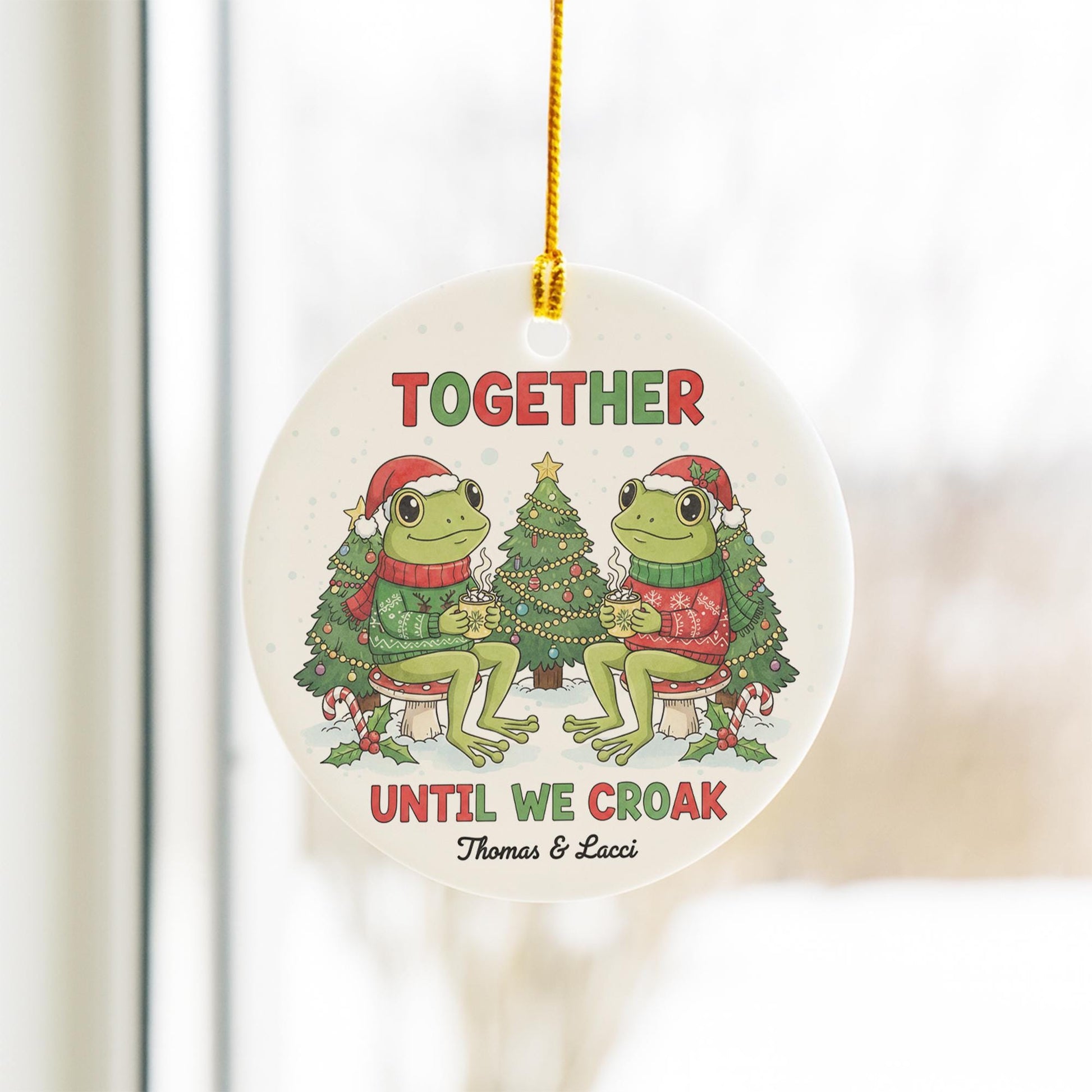 Personalized Ceramic Ornament: Frog Couple Christmas Design
