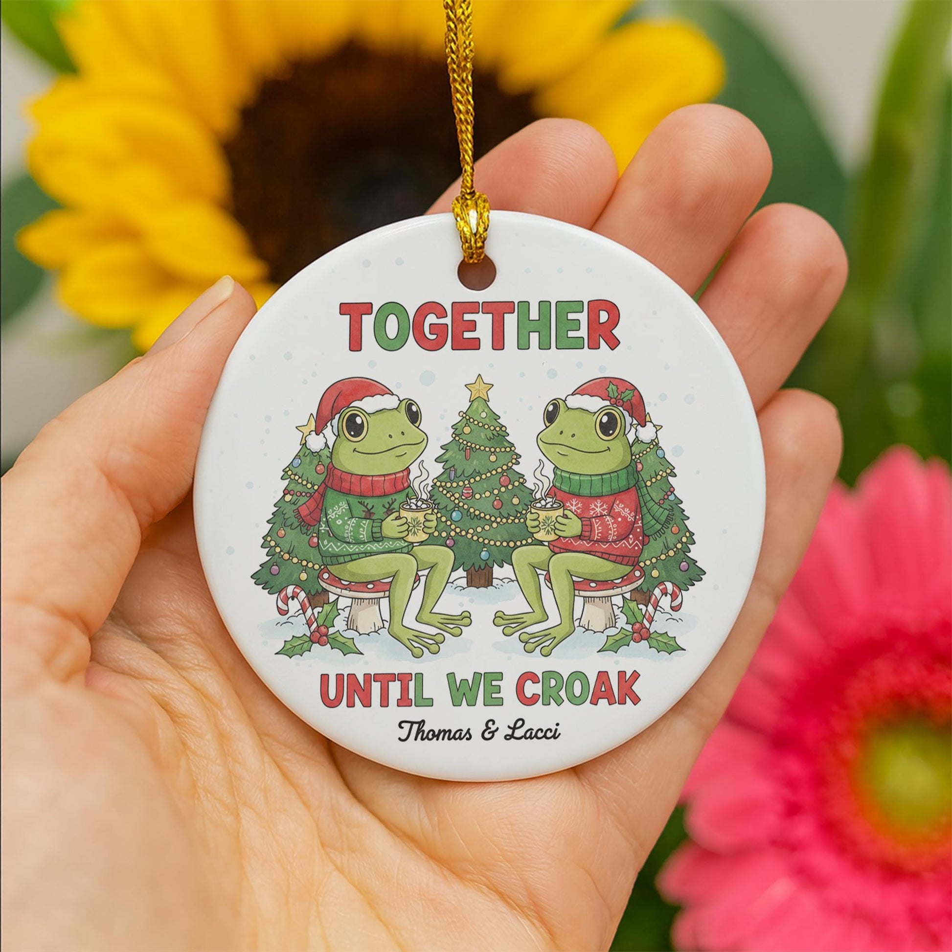 Personalized Ceramic Ornament: Frog Couple Christmas Design