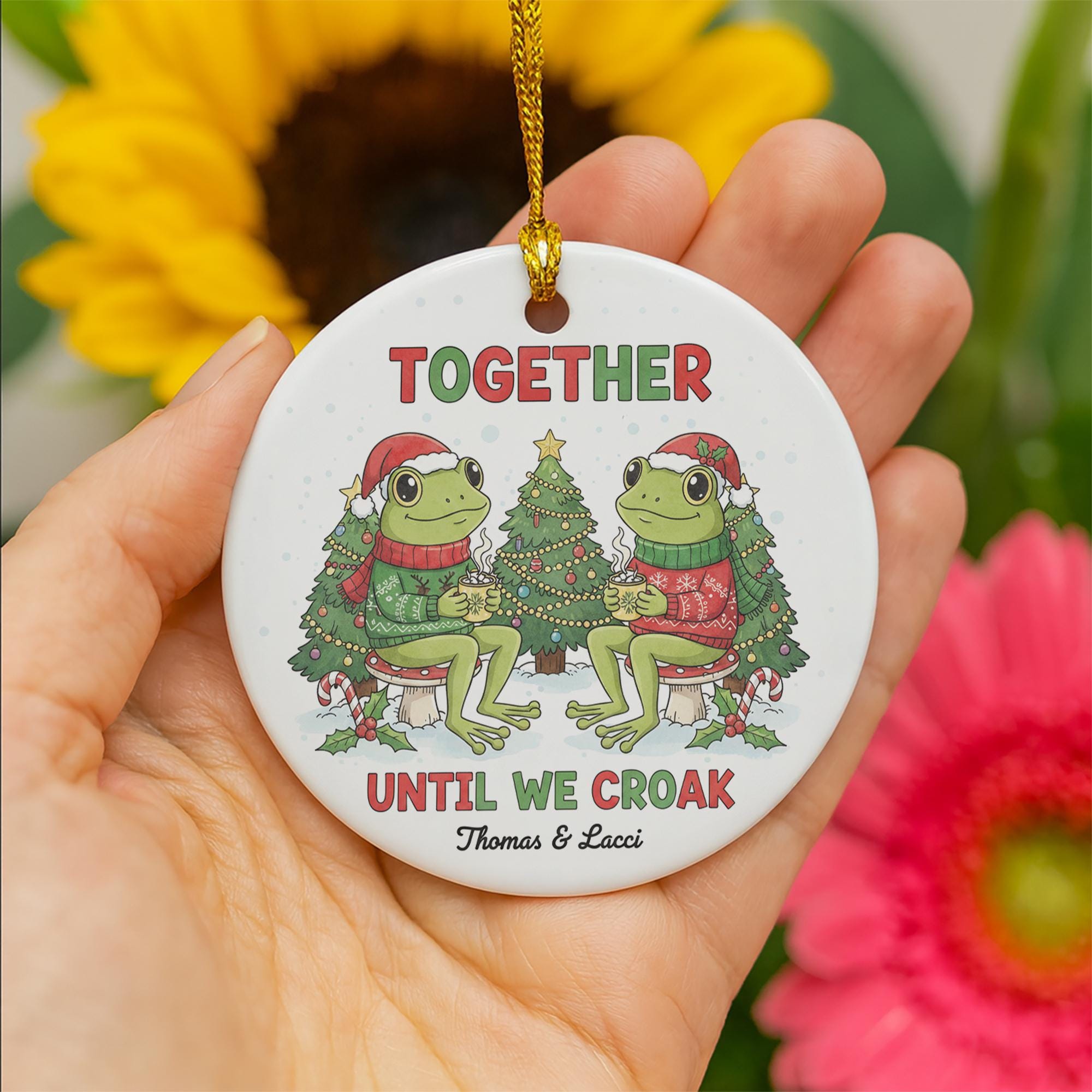 Personalized Ceramic Ornament: Frog Couple Christmas Design