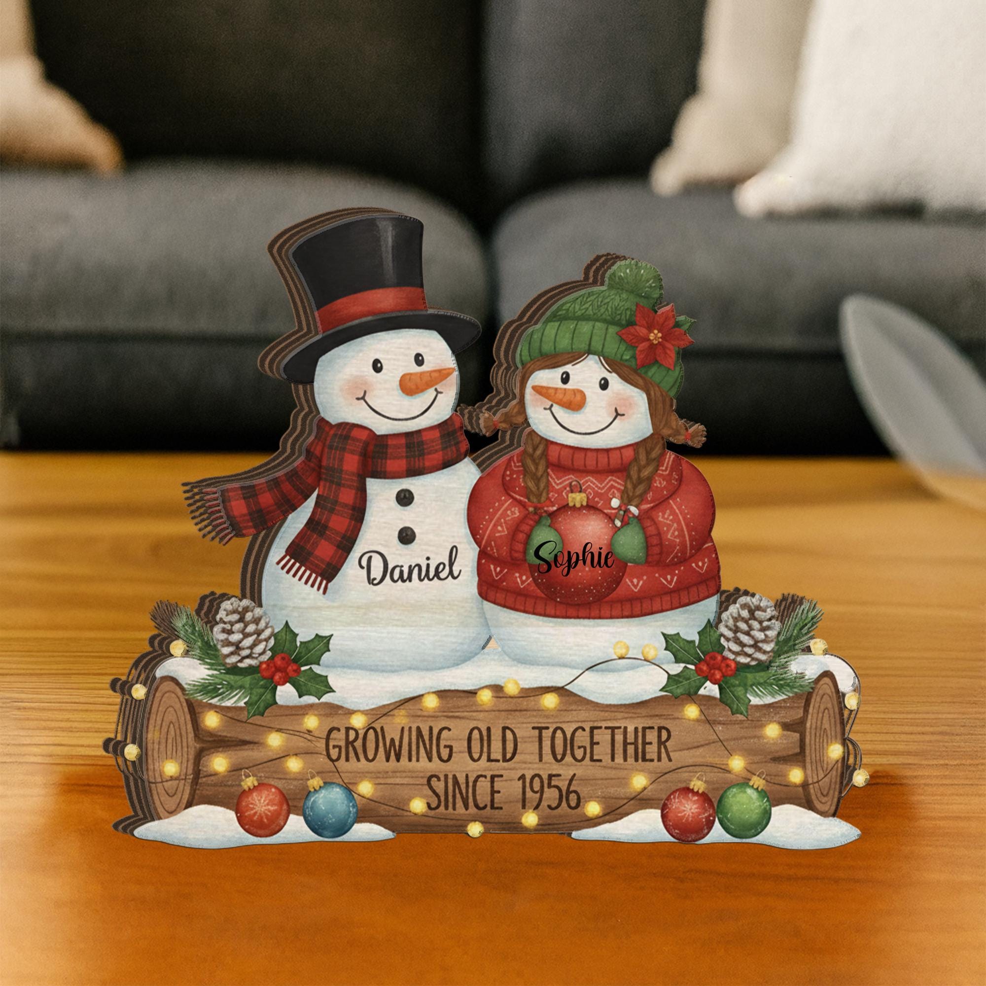 Growing Old Together Snowman Couple Wooden Block – Personalized Christmas Anniversary Decor