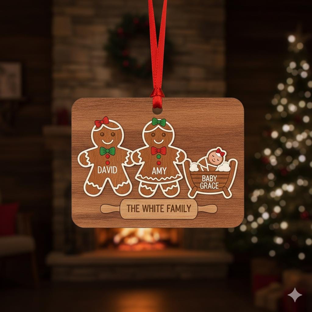 Gingerbread Family Wooden Ornament – Personalized Names & Pets Christmas Decoration