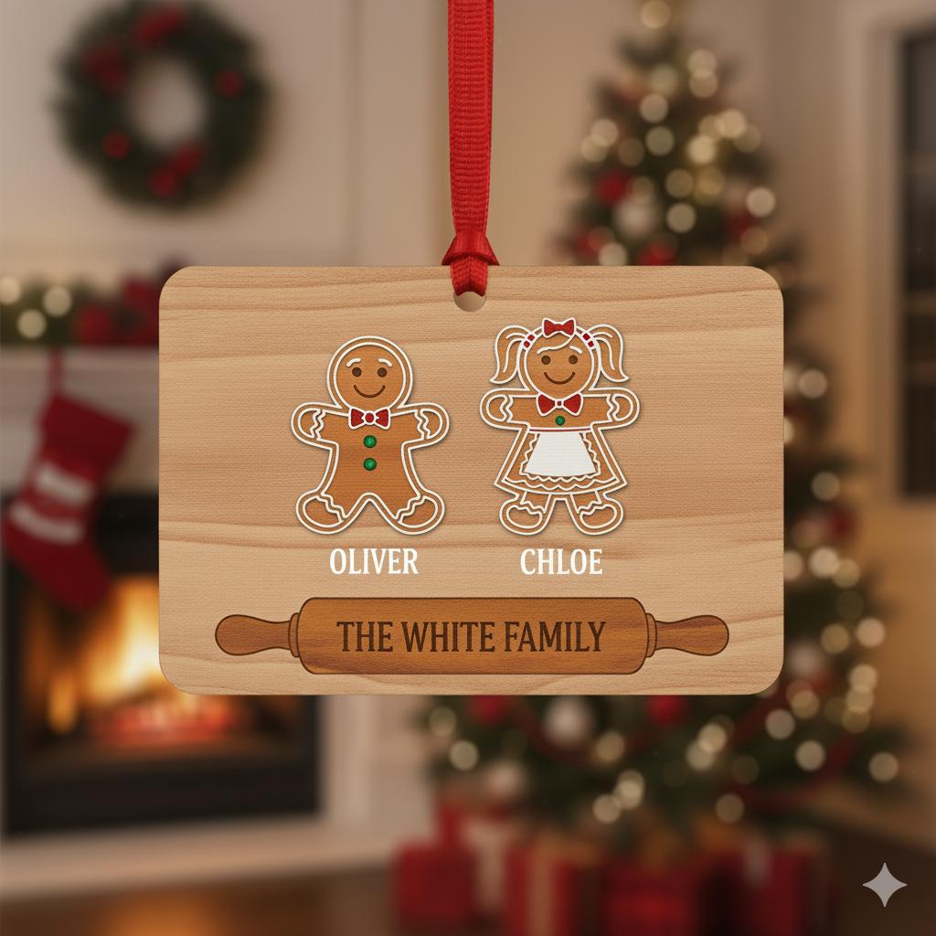Gingerbread Family Wooden Ornament – Personalized Names & Pets Christmas Decoration