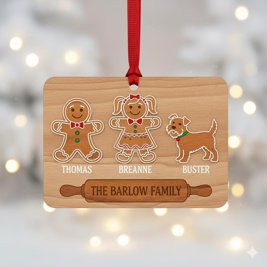 Gingerbread Family Wooden Ornament – Personalized Names & Pets Christmas Decoration