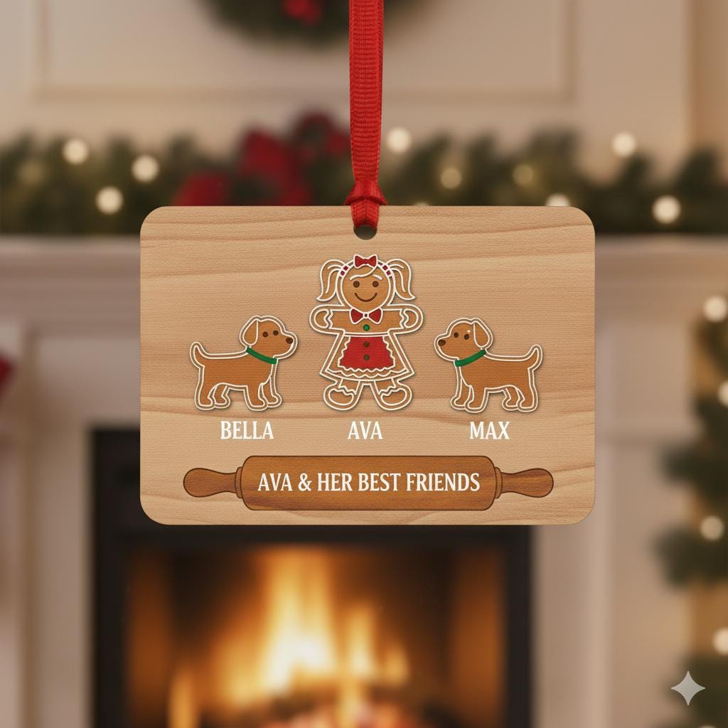Gingerbread Family Wooden Ornament – Personalized Names & Pets Christmas Decoration