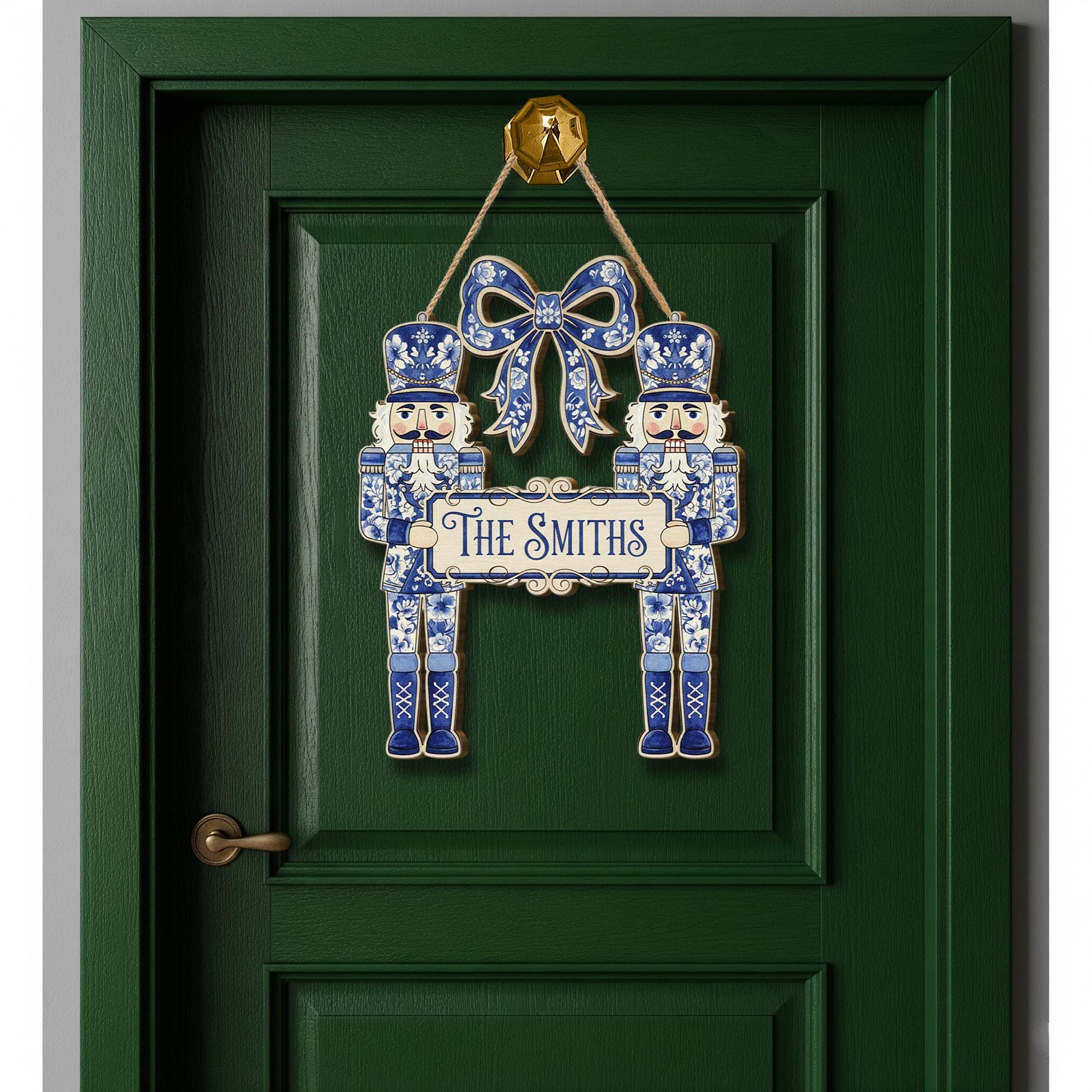 Nutcracker Wooden Sign – Personalized Blue and White Family Christmas Door Hanger