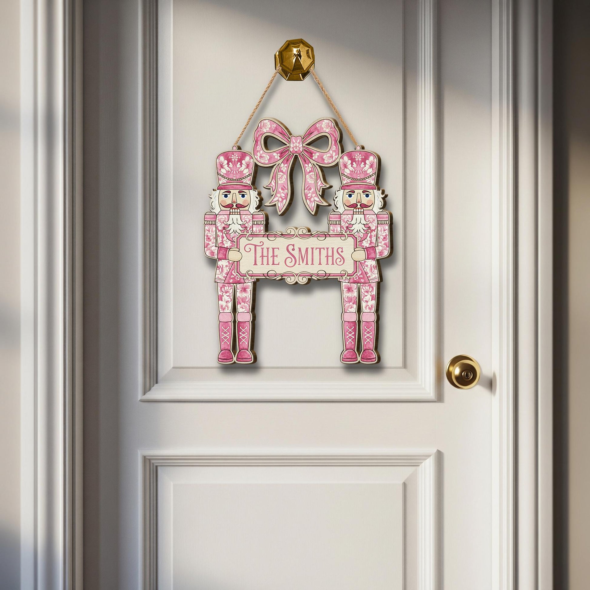 Pink Nutcracker Wooden Sign – Personalized Family Name Christmas Door Hanger
