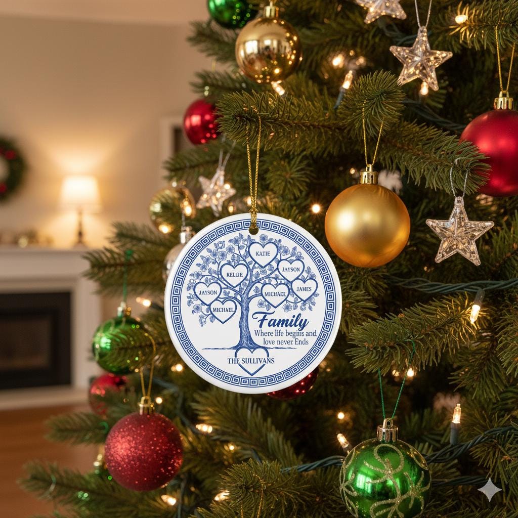 Family Tree Ornament – Personalized Ceramic Keepsake with Names & Family Quote