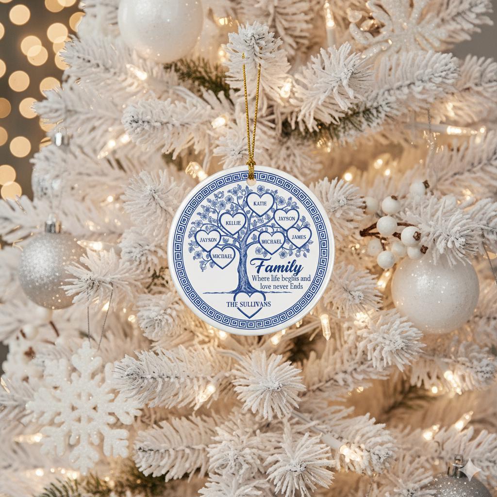 Family Tree Ornament – Personalized Ceramic Keepsake with Names & Family Quote