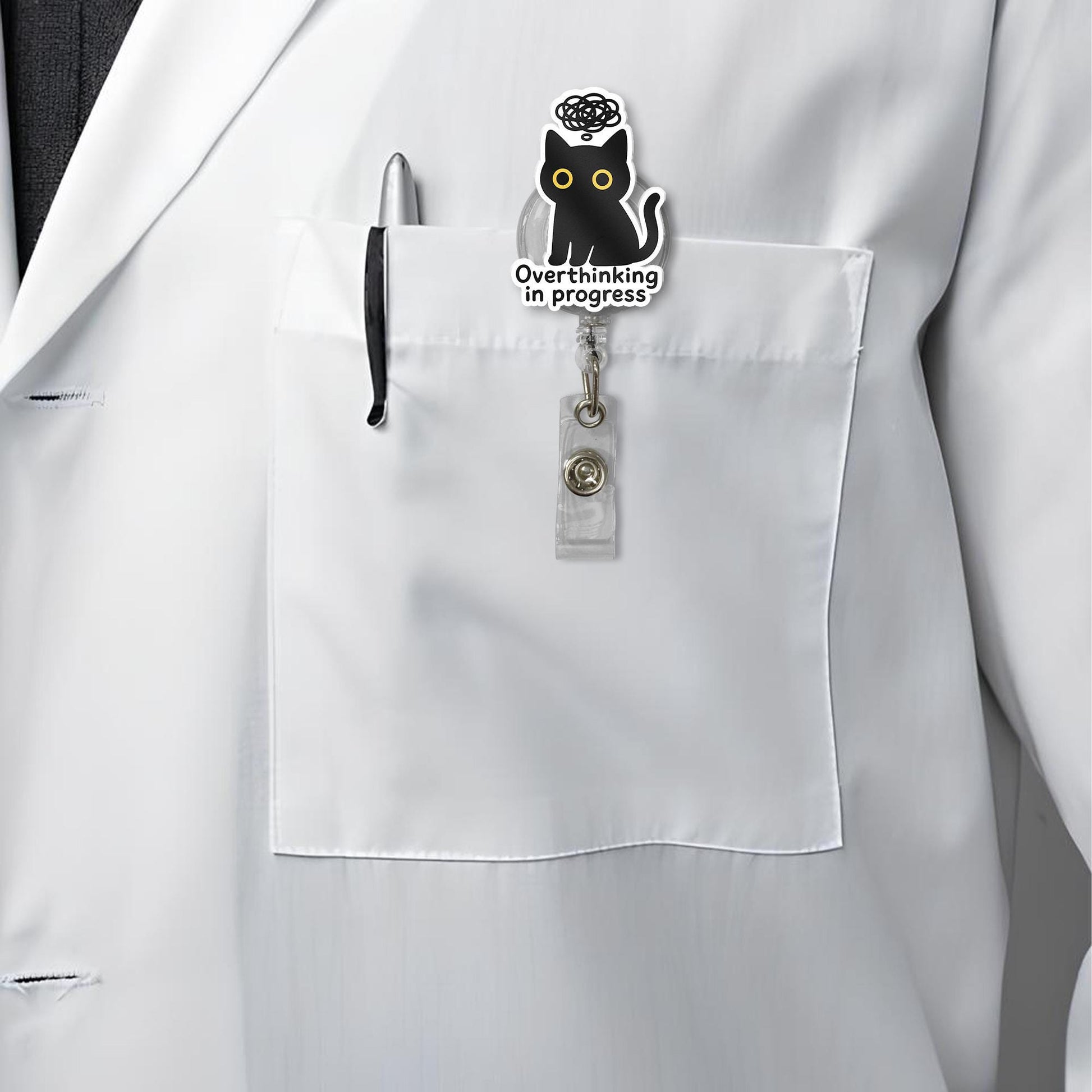Overthinking In Progress Cat Badge Reel – Black Cat Acrylic Nurse ID Holder