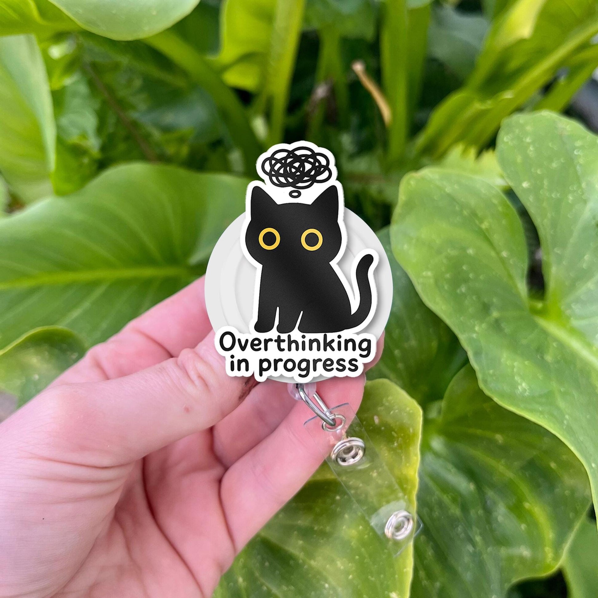 Overthinking In Progress Cat Badge Reel – Black Cat Acrylic Nurse ID Holder