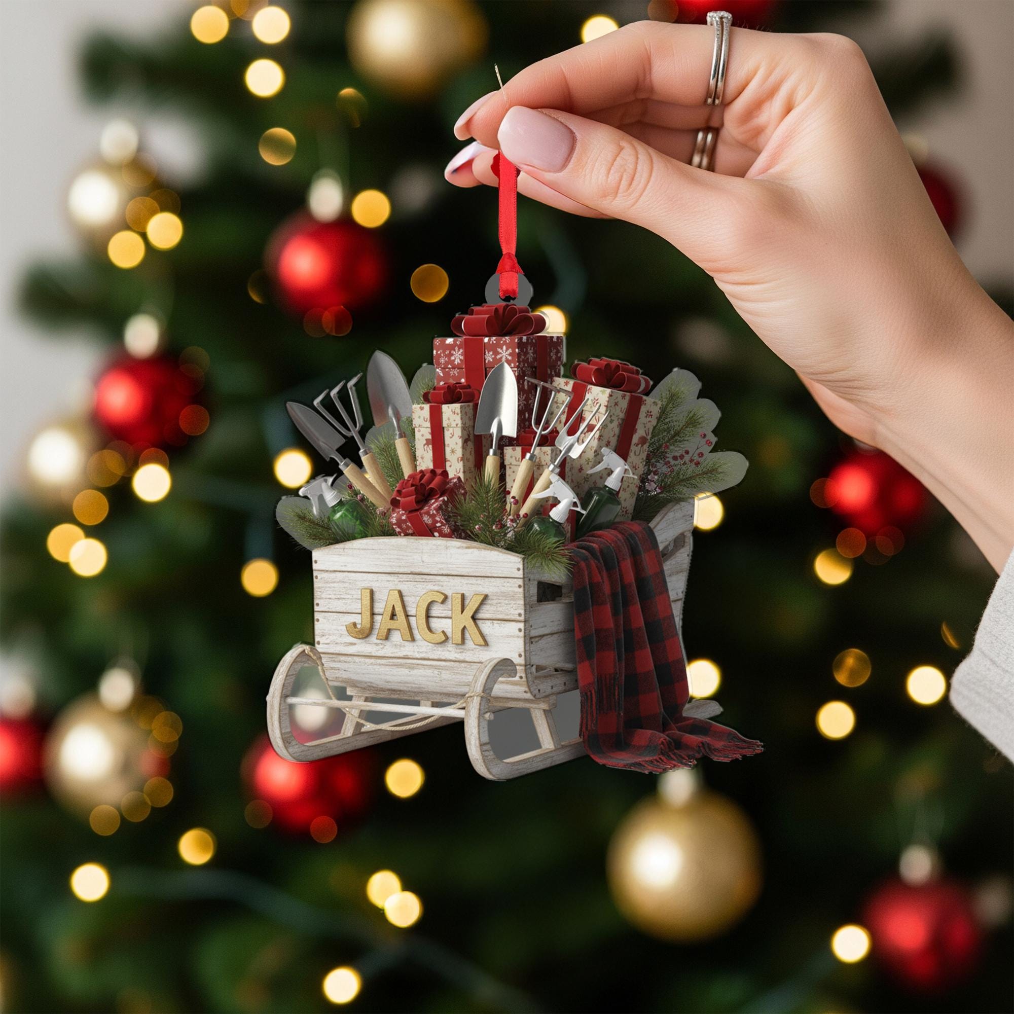 Personalized Christmas Sleigh Ornament –Wood Sled Decor With Gifts And Gardening Tools