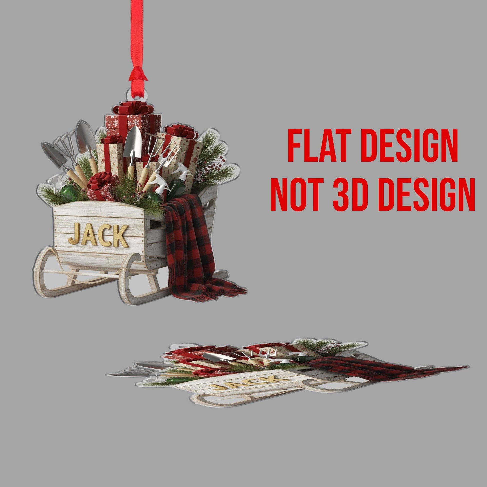 Personalized Christmas Sleigh Ornament –Wood Sled Decor With Gifts And Gardening Tools