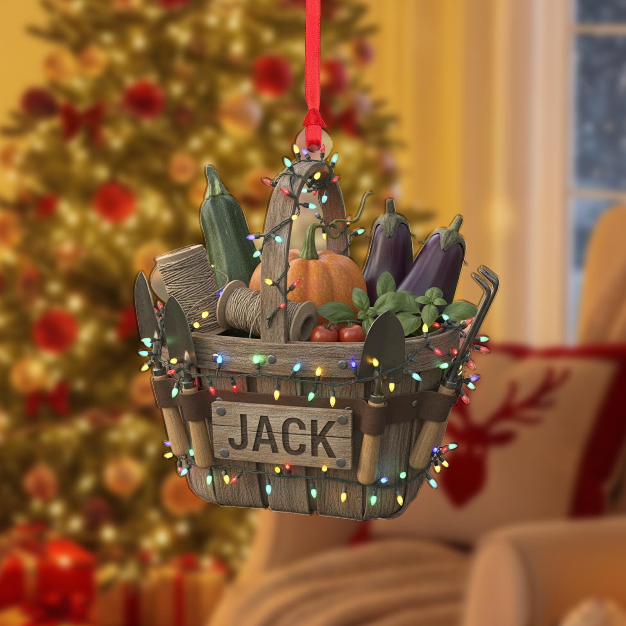 Personalized Garden Basket Ornament –Hanging Christmas Decoration With Veggies And Tools