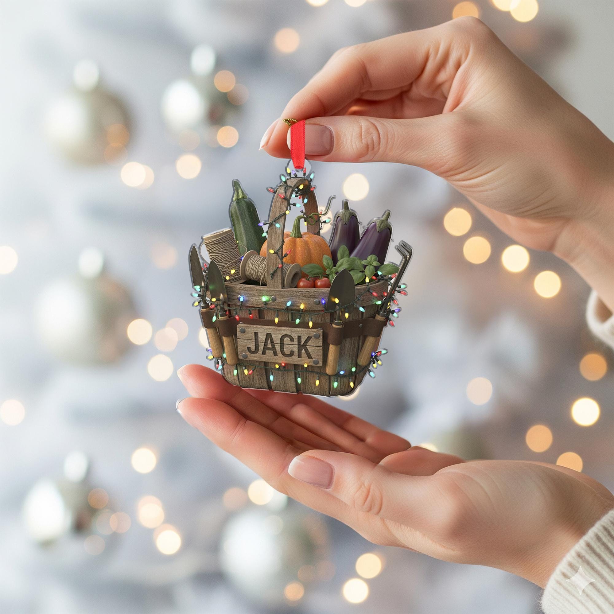 Personalized Garden Basket Ornament –Hanging Christmas Decoration With Veggies And Tools