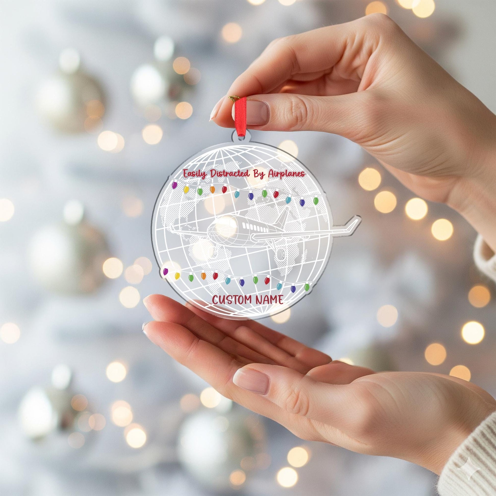 Airplane Christmas Ornament, Pilot Globe Acrylic, Personalized Name Travel Decor