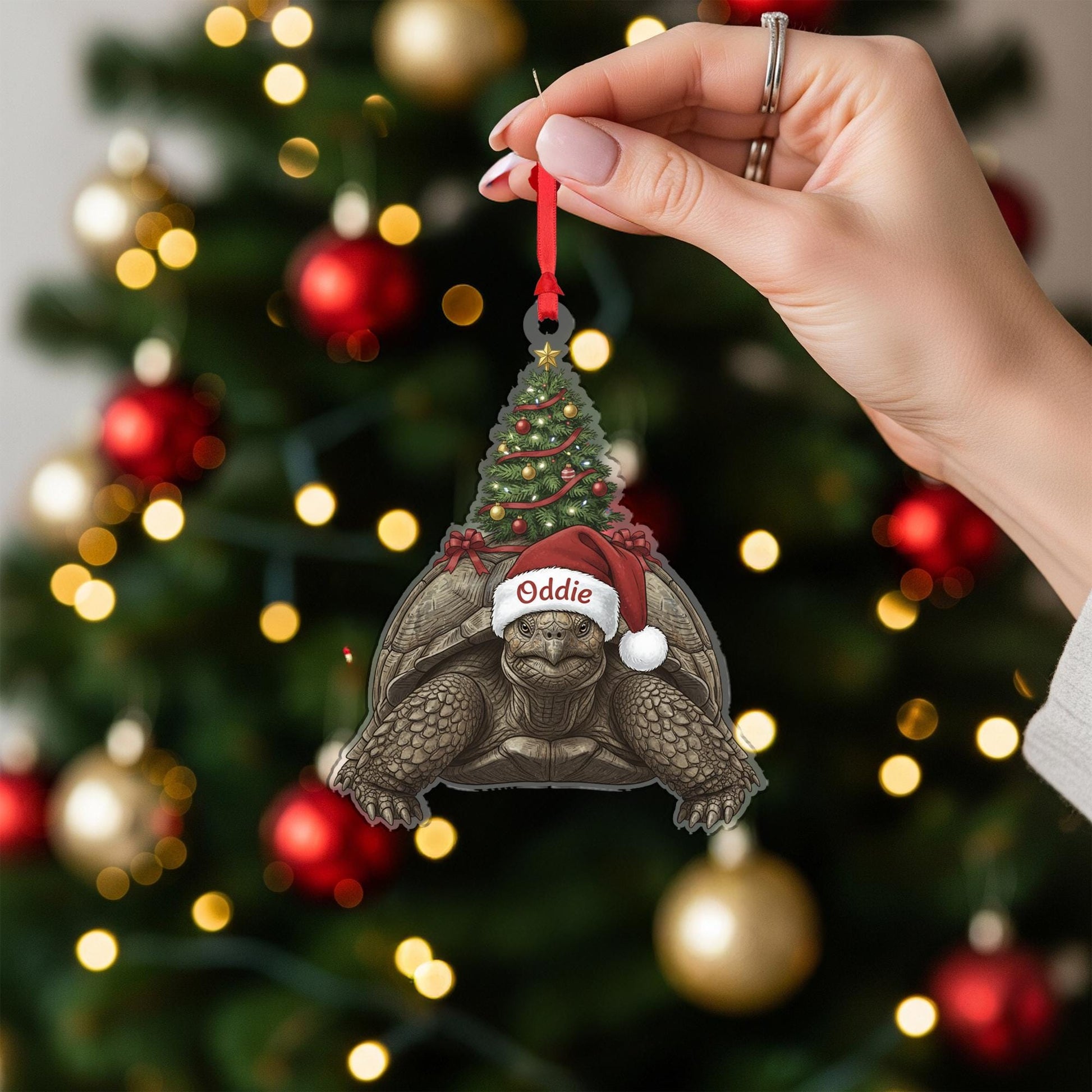Personalized Tortoise Ornament – Acrylic Holiday Decoration with Santa Hat and Christmas Tree Design