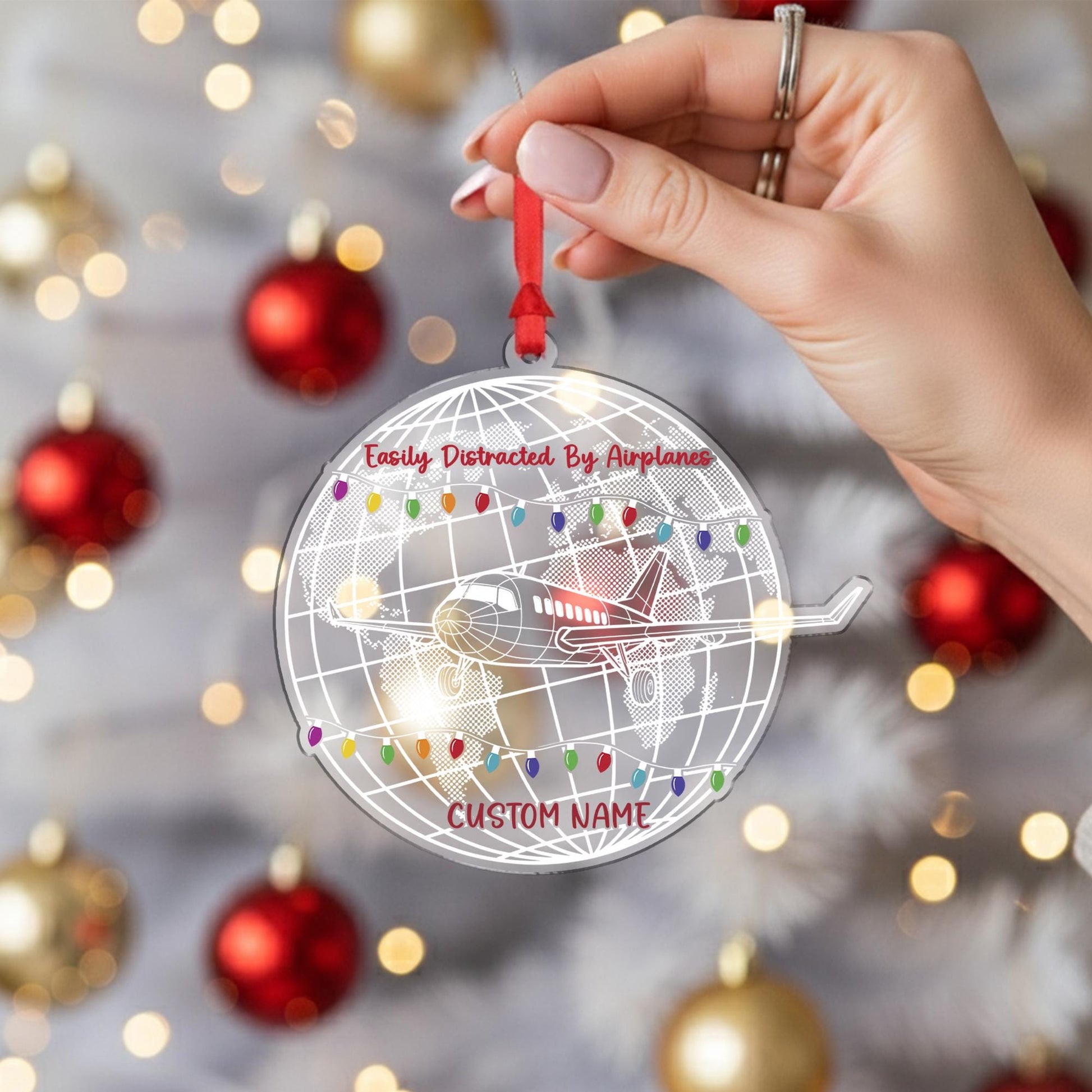 Airplane Christmas Ornament, Pilot Globe Acrylic, Personalized Name Travel Decor
