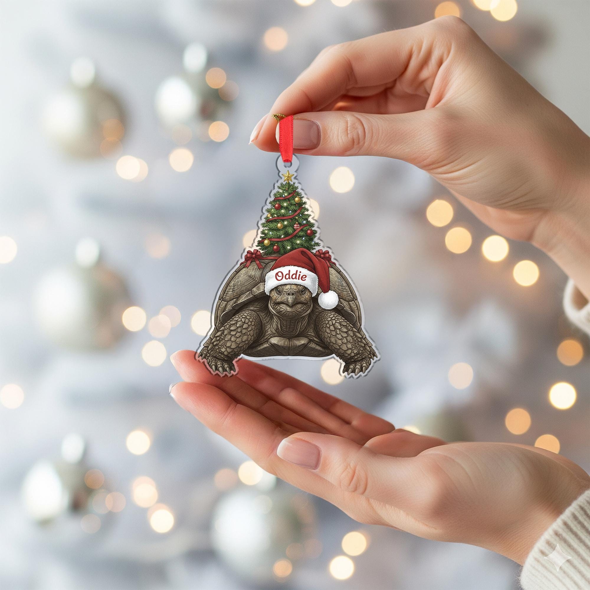 Personalized Tortoise Ornament – Acrylic Holiday Decoration with Santa Hat and Christmas Tree Design