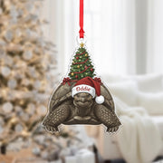 Personalized Tortoise Ornament – Acrylic Holiday Decoration with Santa Hat and Christmas Tree Design