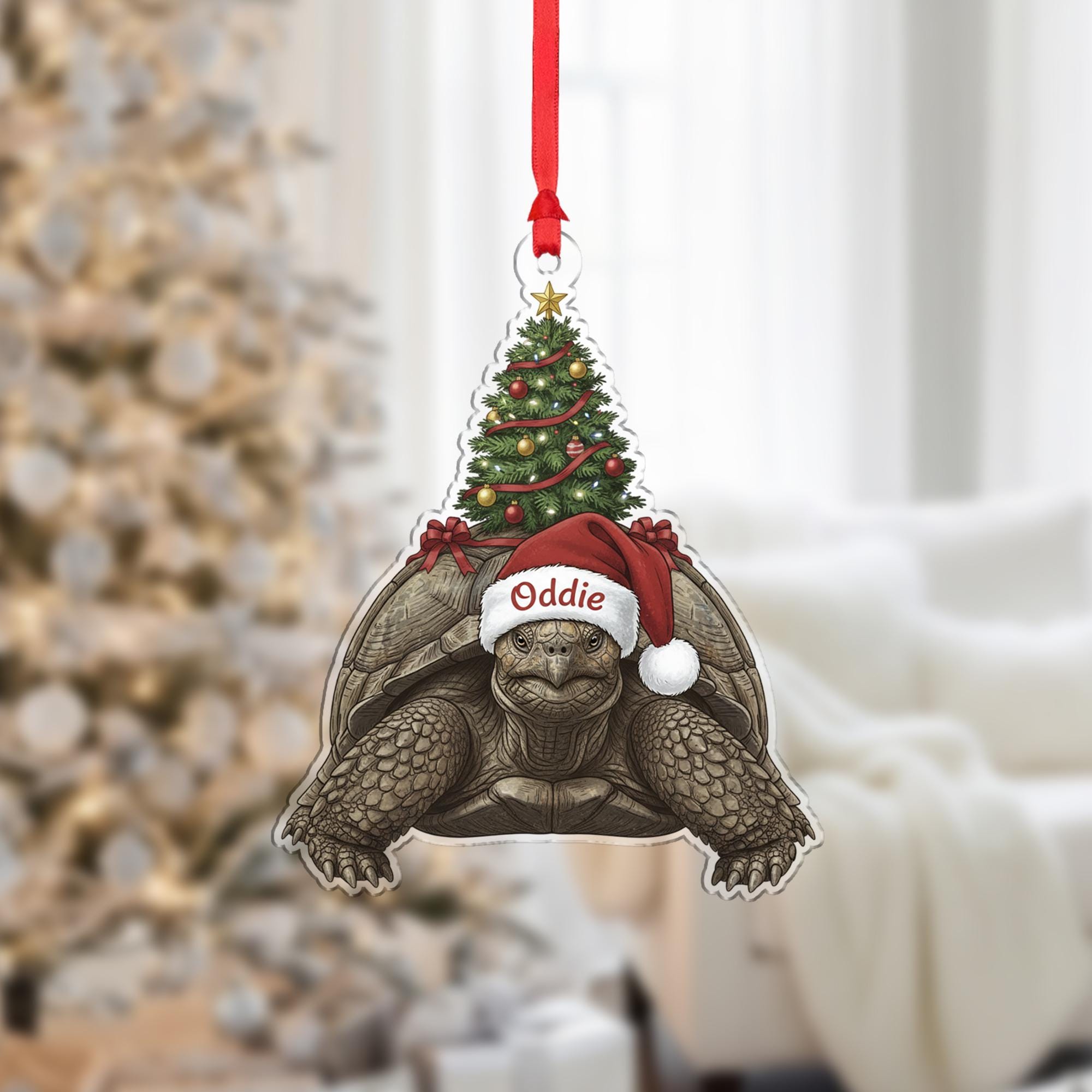 Personalized Tortoise Ornament – Acrylic Holiday Decoration with Santa Hat and Christmas Tree Design
