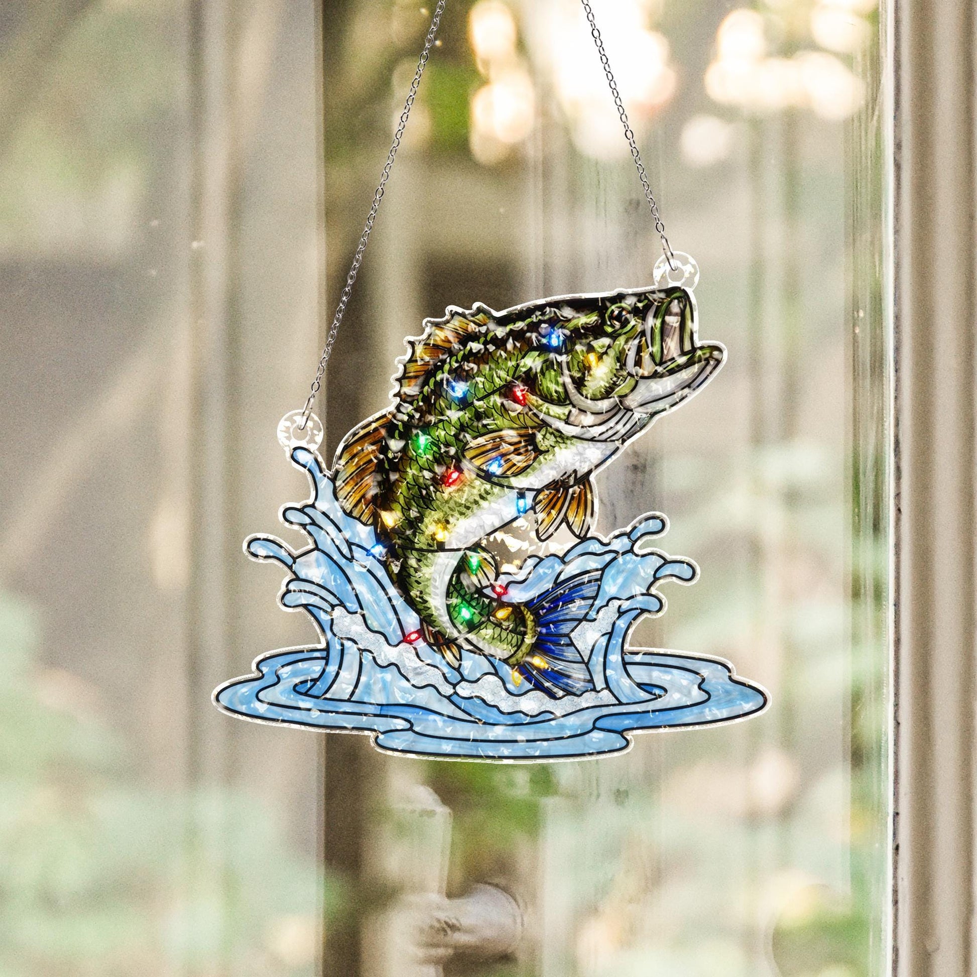 Fish Suncatcher – Acrylic Water Ripple Window Decoration with Jumping Bass Design