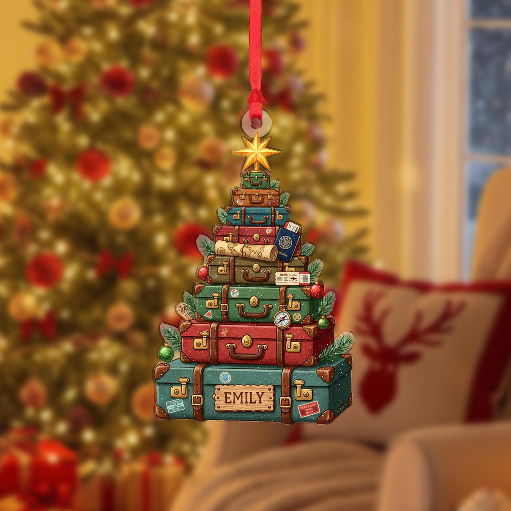 Stacked Suitcase Christmas Tree Ornament – Personalized Travel Xmas Hanging Decor