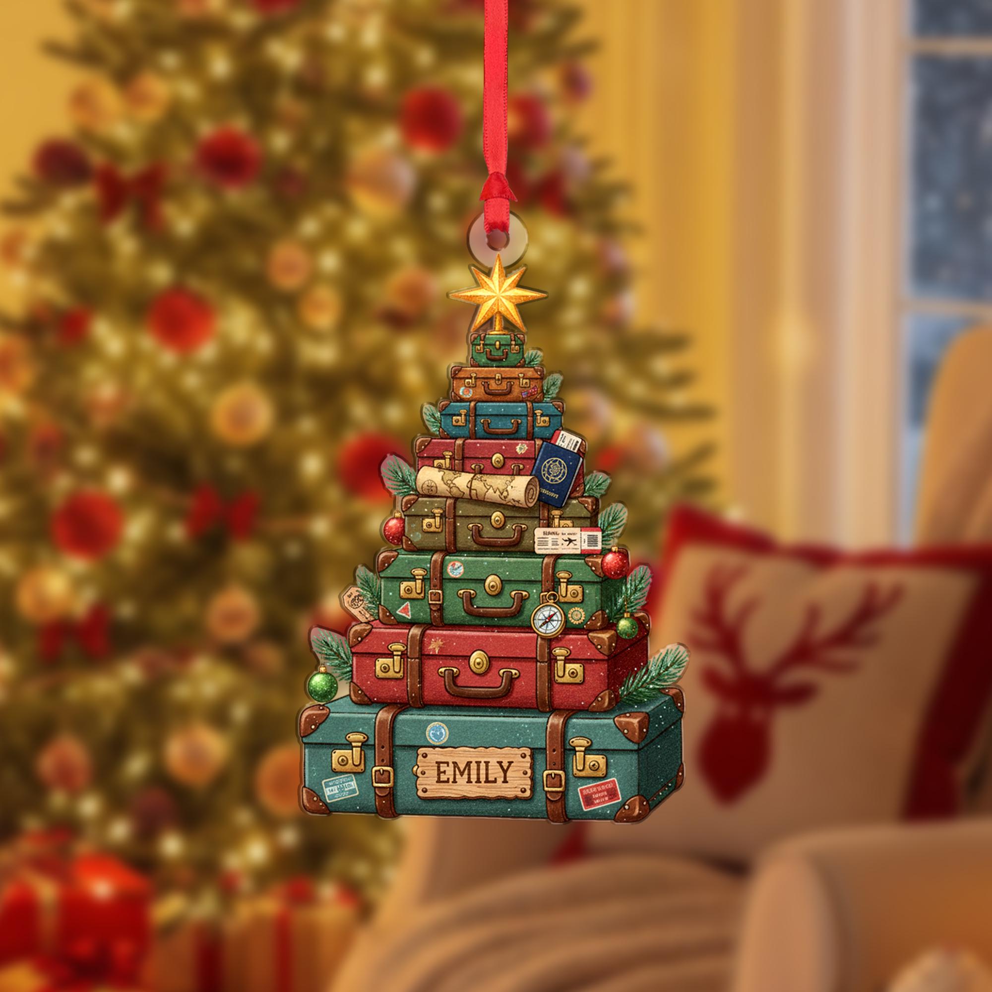 Stacked Suitcase Christmas Tree Ornament – Personalized Travel Xmas Hanging Decor