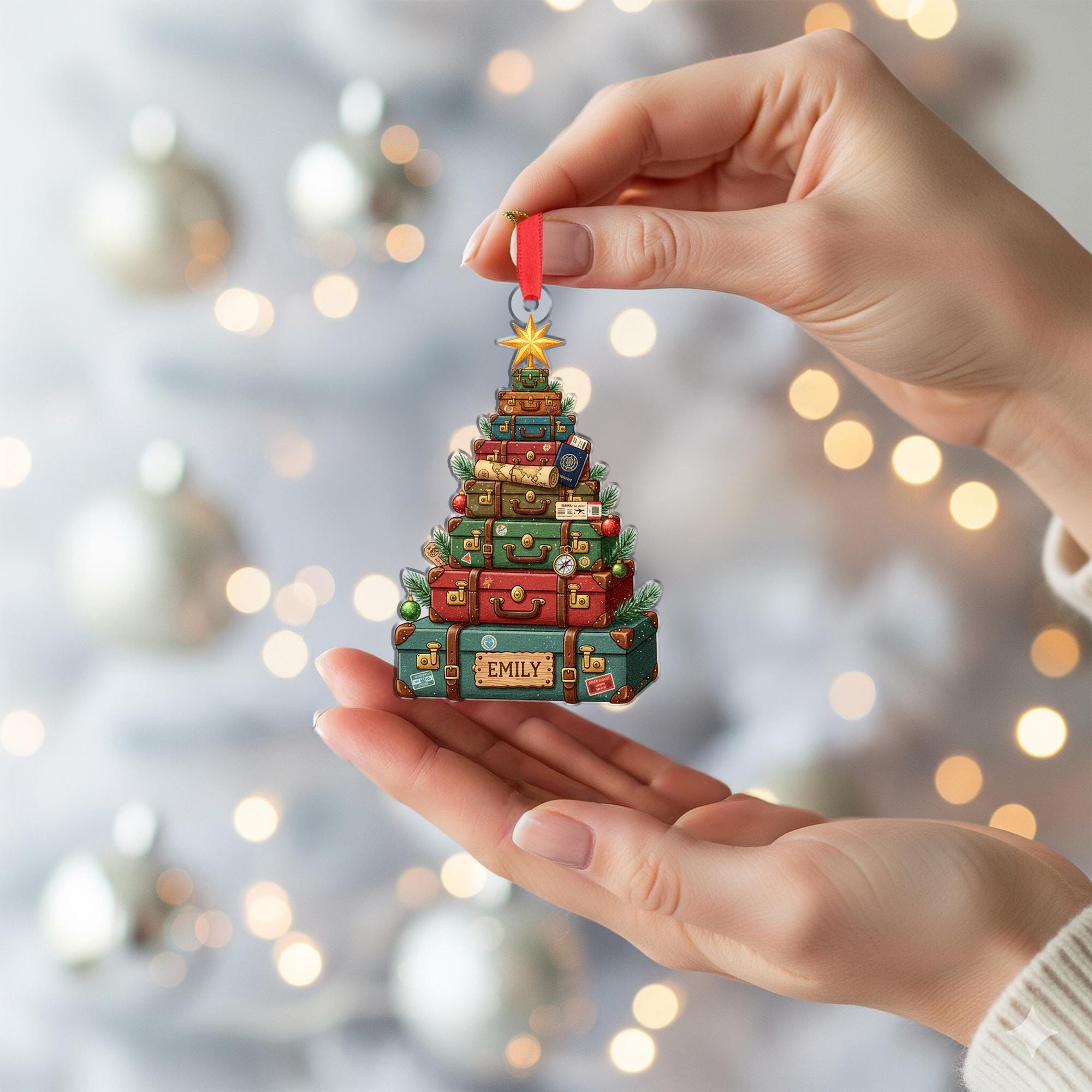 Stacked Suitcase Christmas Tree Ornament – Personalized Travel Xmas Hanging Decor