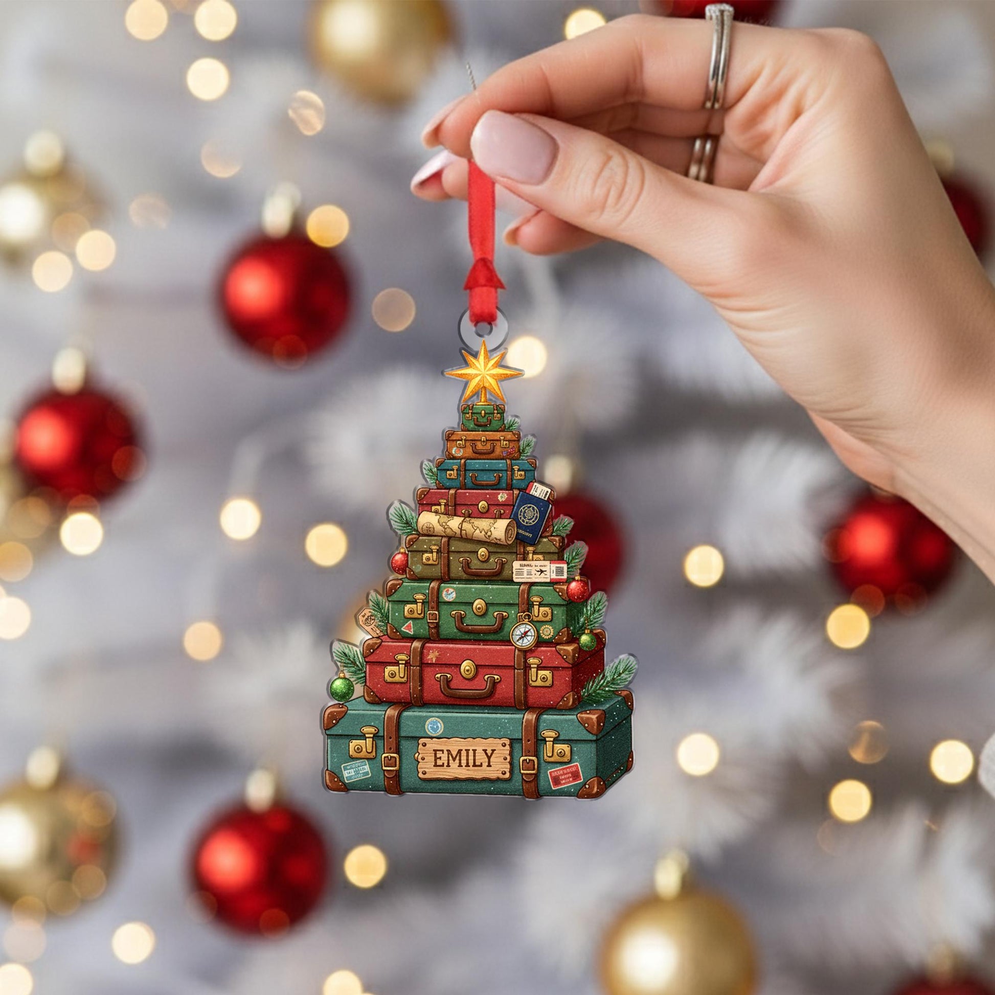 Stacked Suitcase Christmas Tree Ornament – Personalized Travel Xmas Hanging Decor